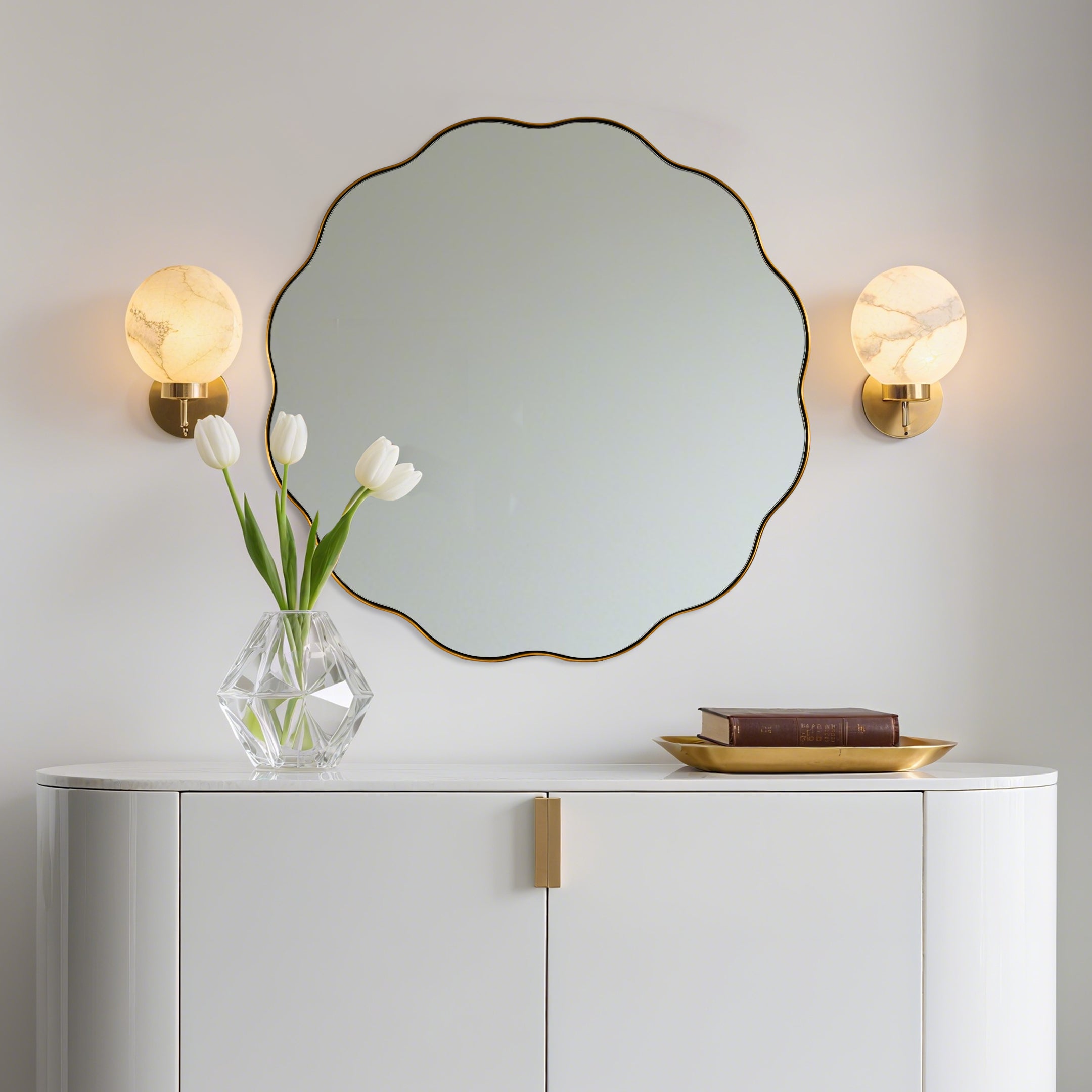 Contemporary Round Scalloped Mirror Wavy Circle Bathroom Vanity Mirror | Stainless Steel Frame
