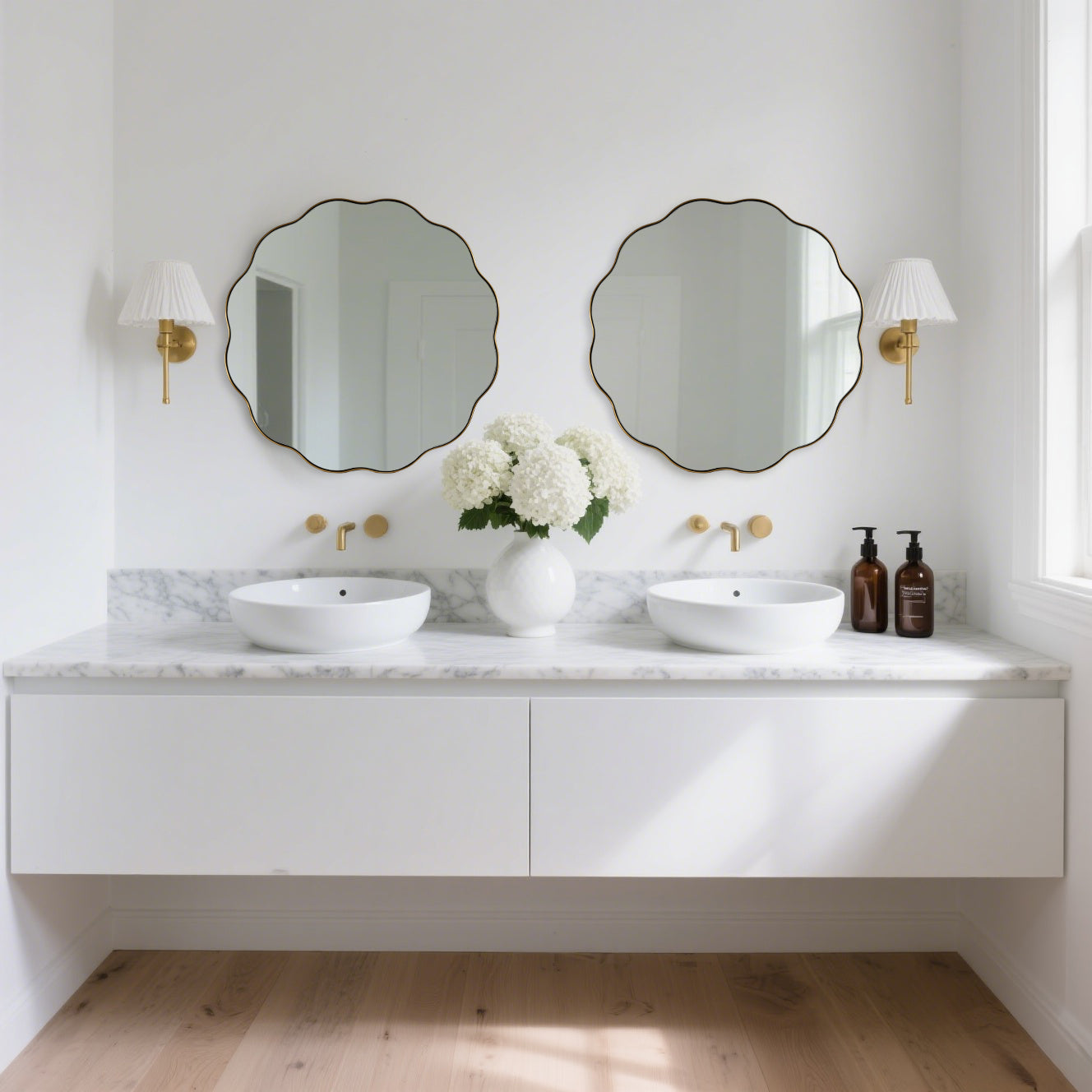 Contemporary Round Scalloped Mirror Wavy Circle Bathroom Vanity Mirror | Stainless Steel Frame