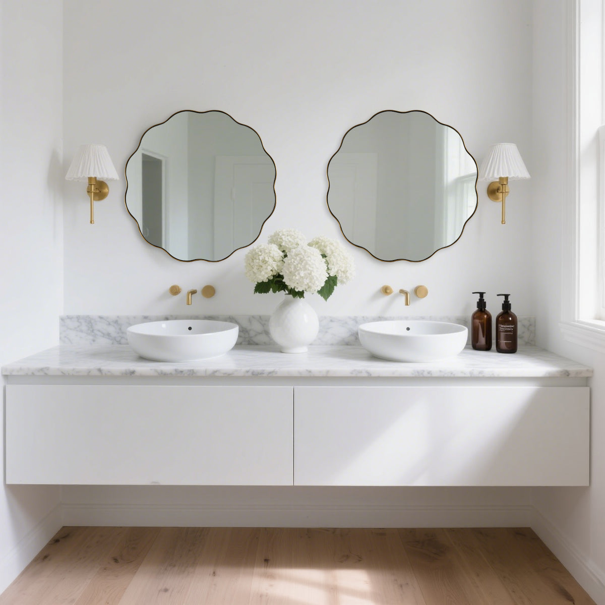 Contemporary Round Scalloped Mirror Wavy Circle Bathroom Vanity Mirror | Stainless Steel Frame