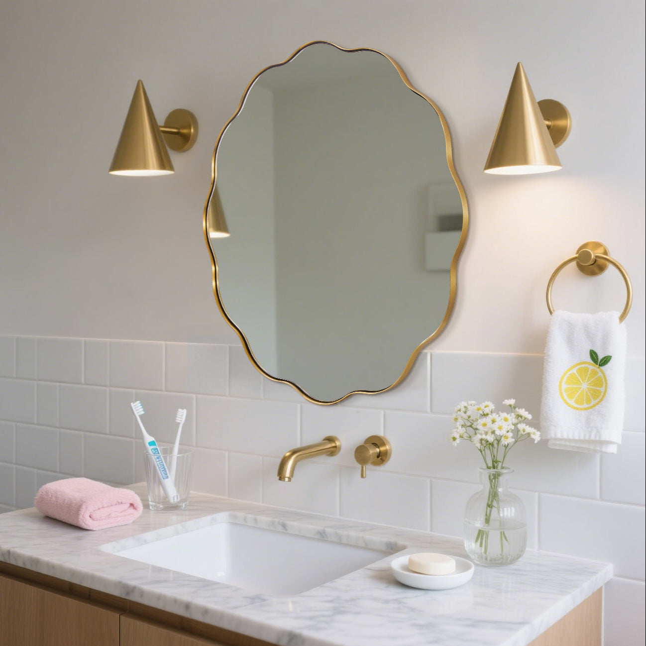 Contemporary Round Scalloped Mirror Wavy Circle Bathroom Vanity Mirror | Stainless Steel Frame