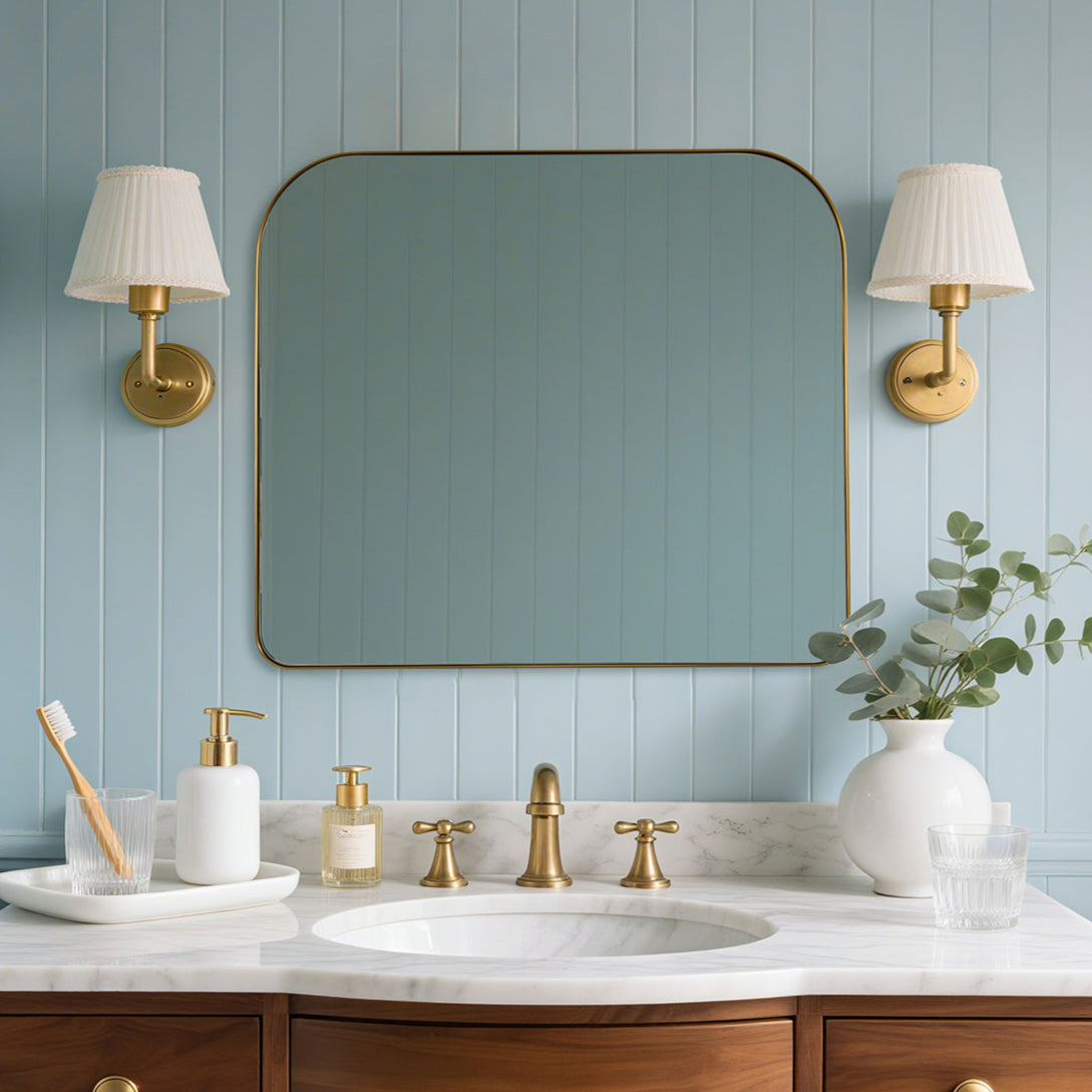 Modern Mantel Wide Arch Rectangle Bathroom Vanity Mirror | Stainless Steel Frame