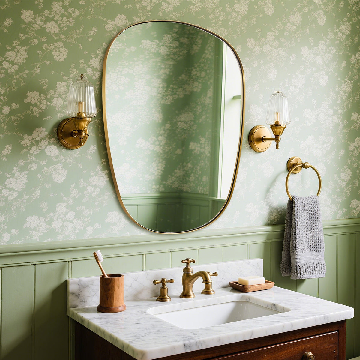 Contemporary Irregular Pebble Organic Bathroom Wall Mirror Asymmetric Decorative Mirror | Stainless Steel Frame