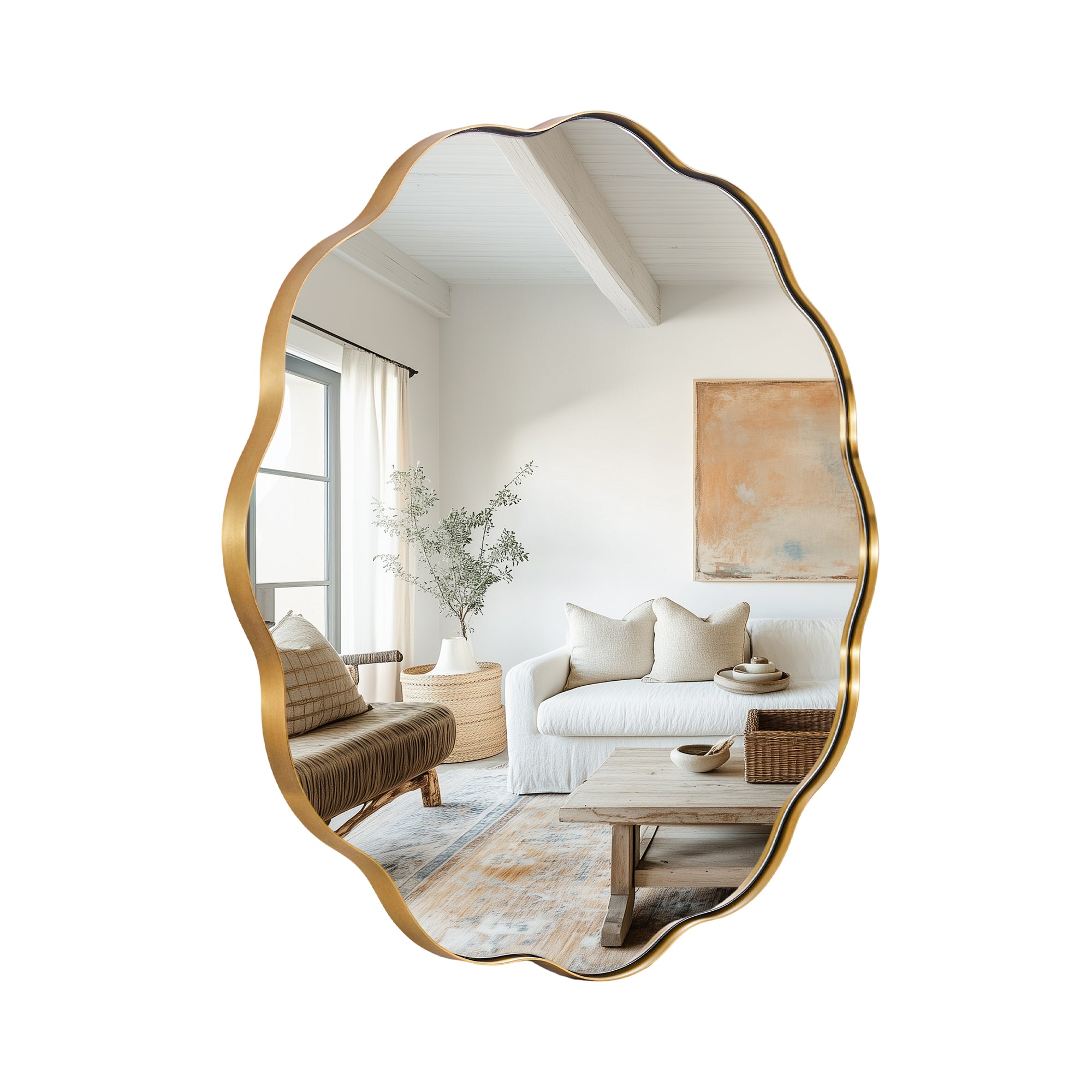 Contemporary Round Scalloped Mirror Wavy Circle Bathroom Vanity Mirror | Stainless Steel Frame