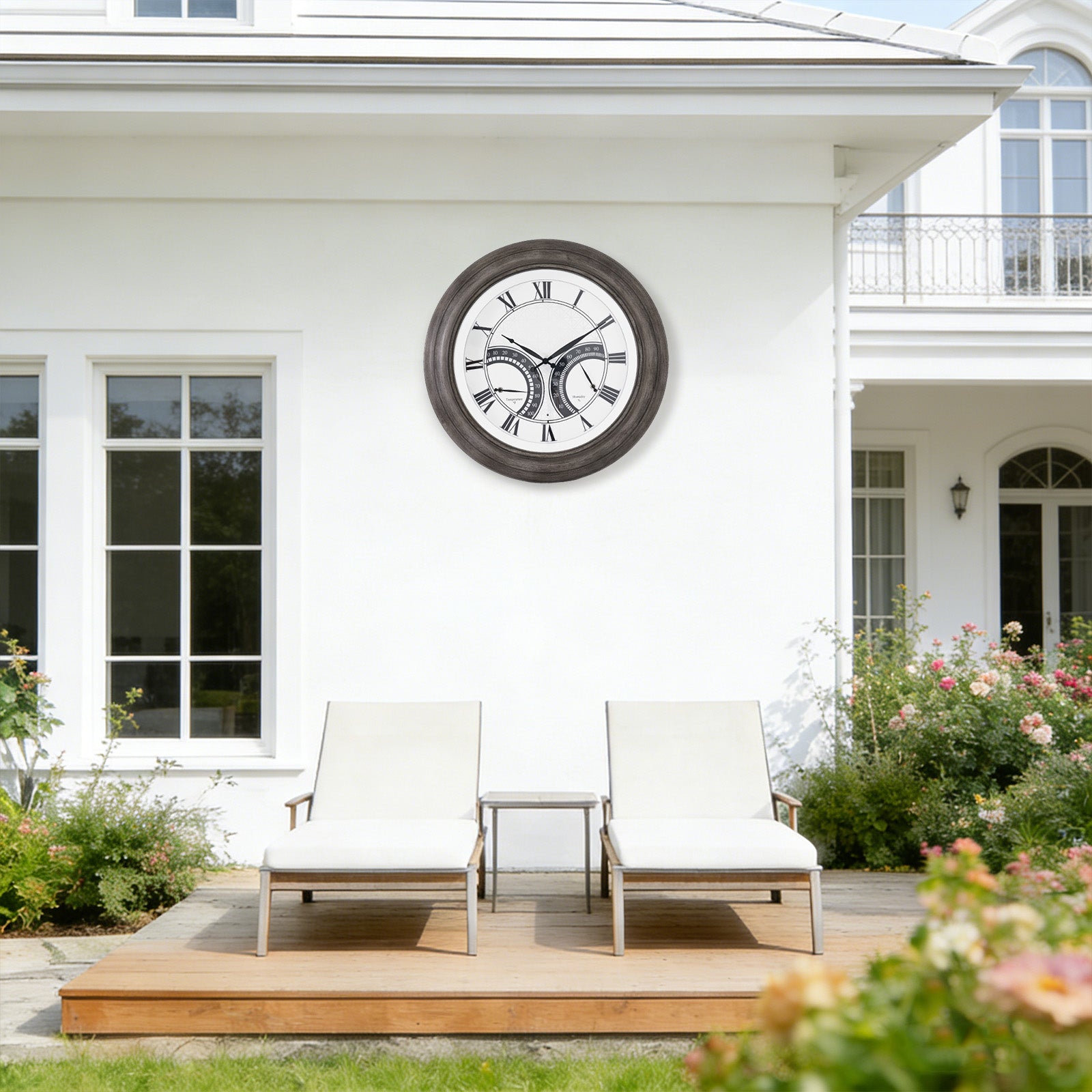 24 Inch Outdoor Wall Clock Large Waterproof Illuminated Clock with Thermometer,Geometric Dial