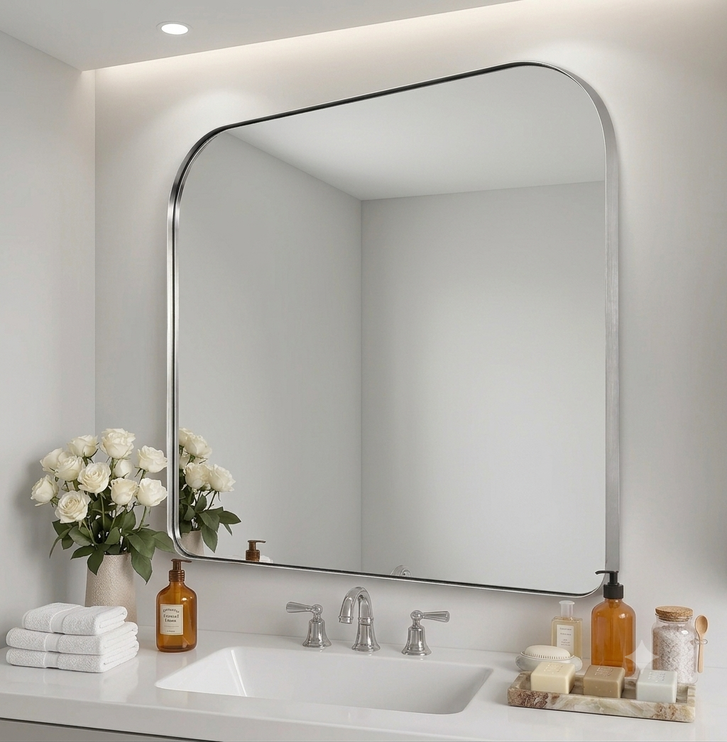 Modern Mantel Wide Arch Rectangle Bathroom Vanity Mirror | Stainless Steel Frame