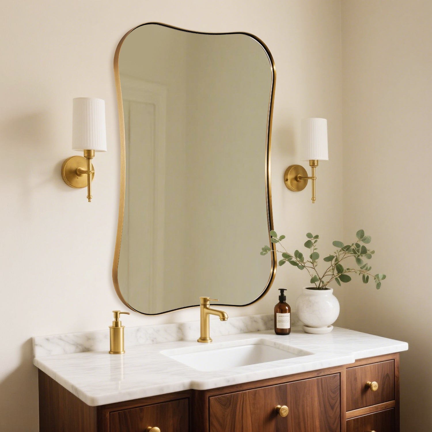 Contemporary Dual Concave Edge Rouded Scalloped Rectangle Wall Mirror | Stainless Steel Frame