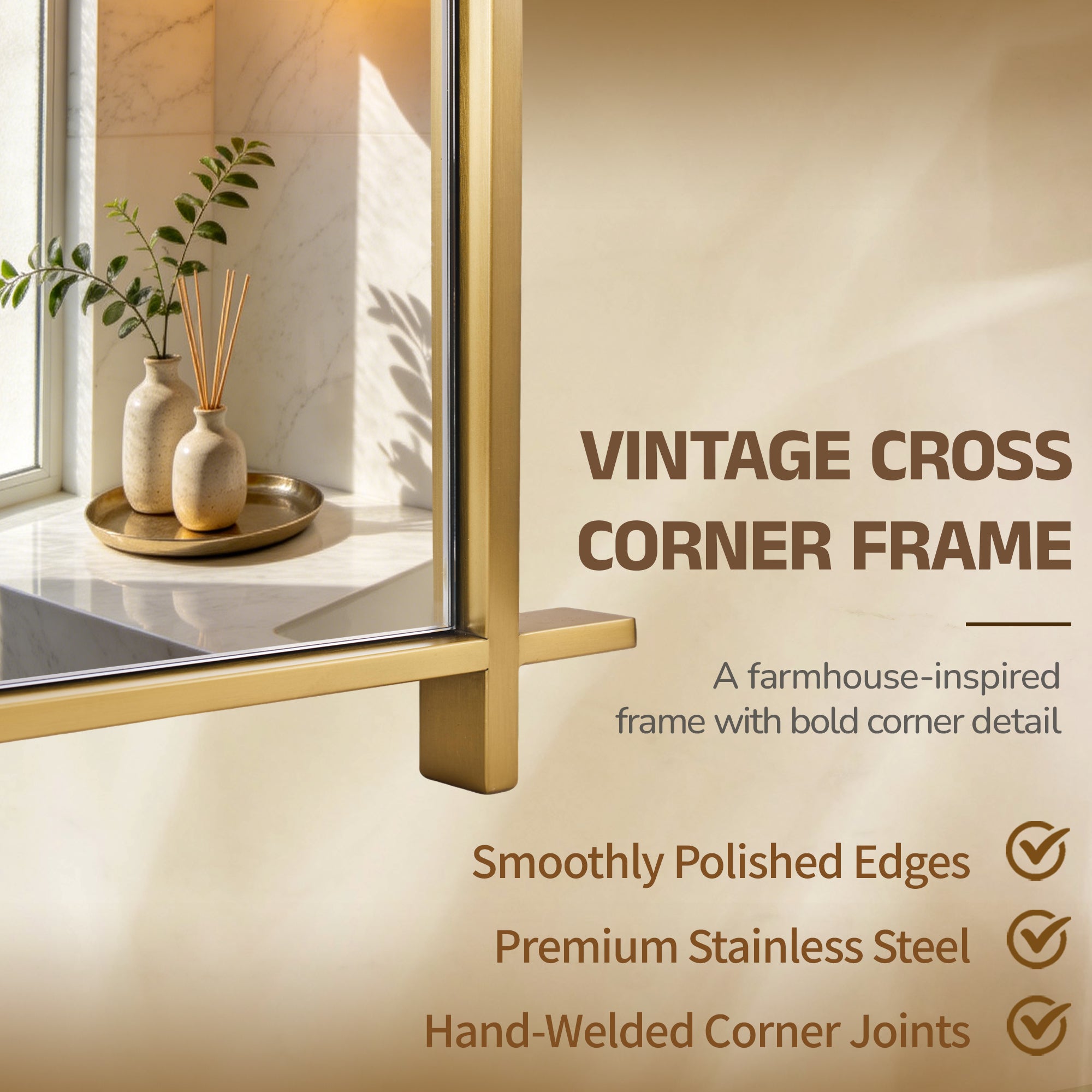 Vintage Cross Corner Rectangle Bathroom Wall Mirrors | Stainless Steel Framed
