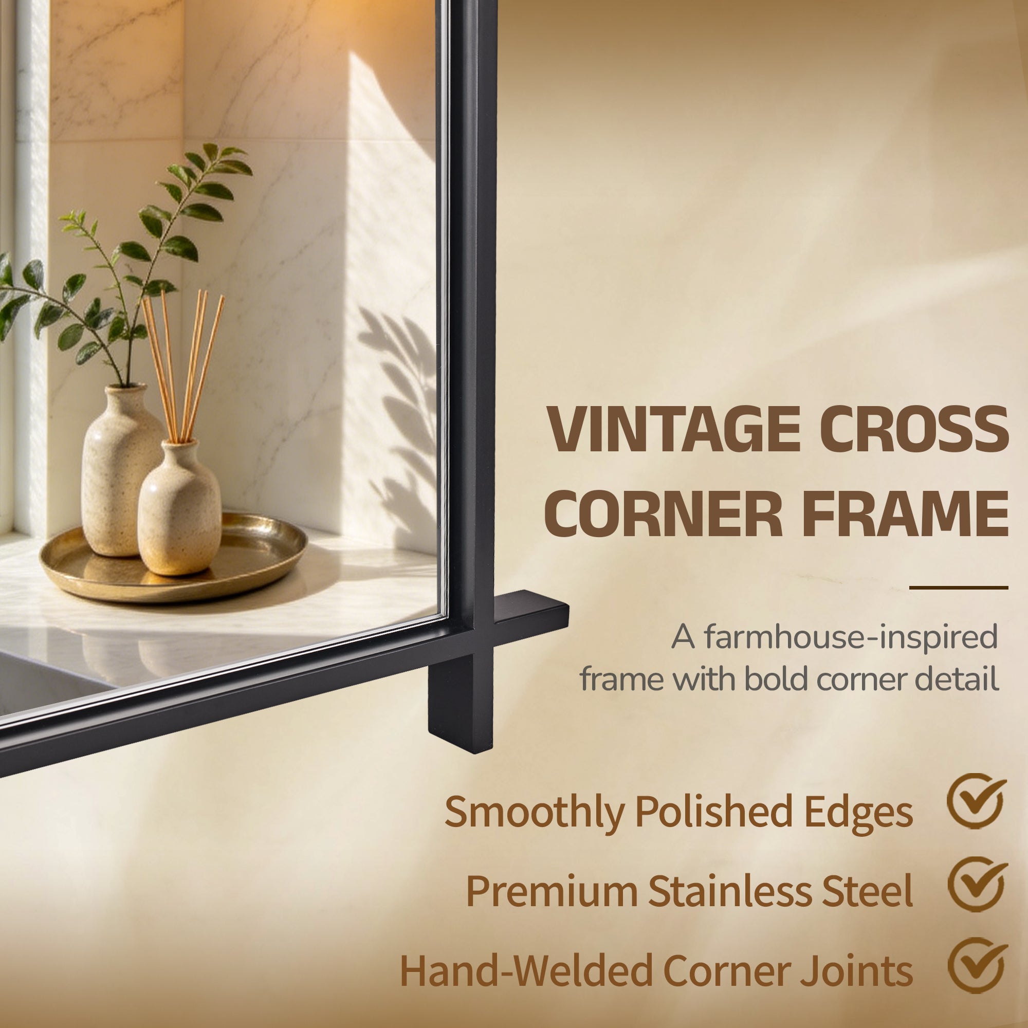 Vintage Cross Corner Rectangle Bathroom Wall Mirrors | Stainless Steel Framed