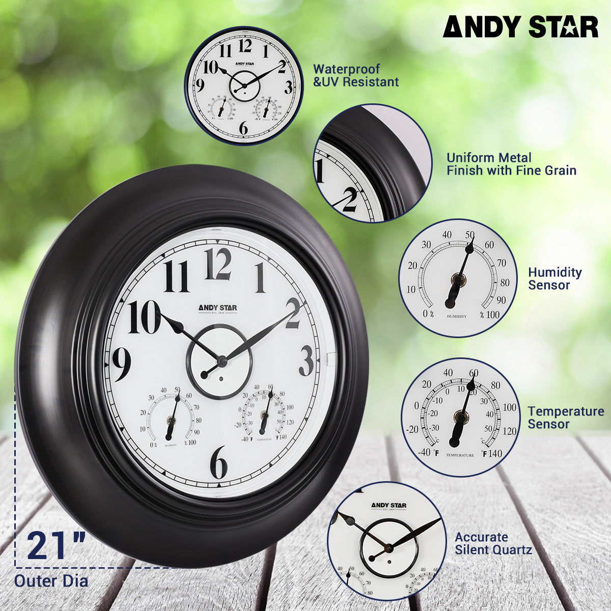 Contemporary Large Outdoor Wall Clock with Thermometer Weatherproof Illuminated ,21 Inch