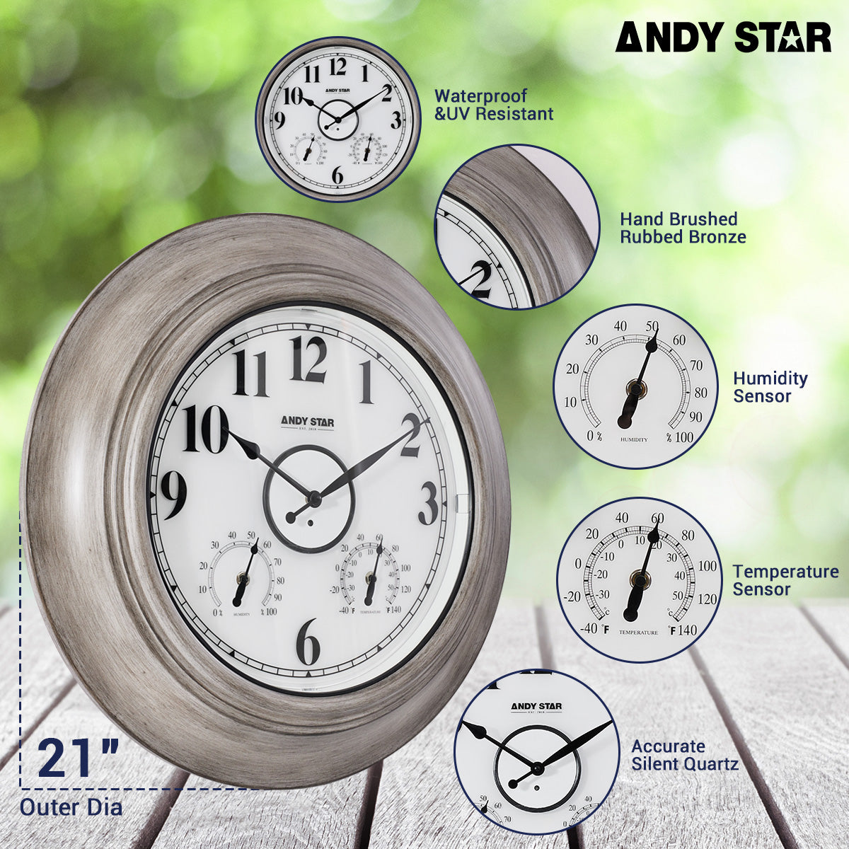 Contemporary Large Outdoor Wall Clock with Thermometer Weatherproof Illuminated ,21 Inch