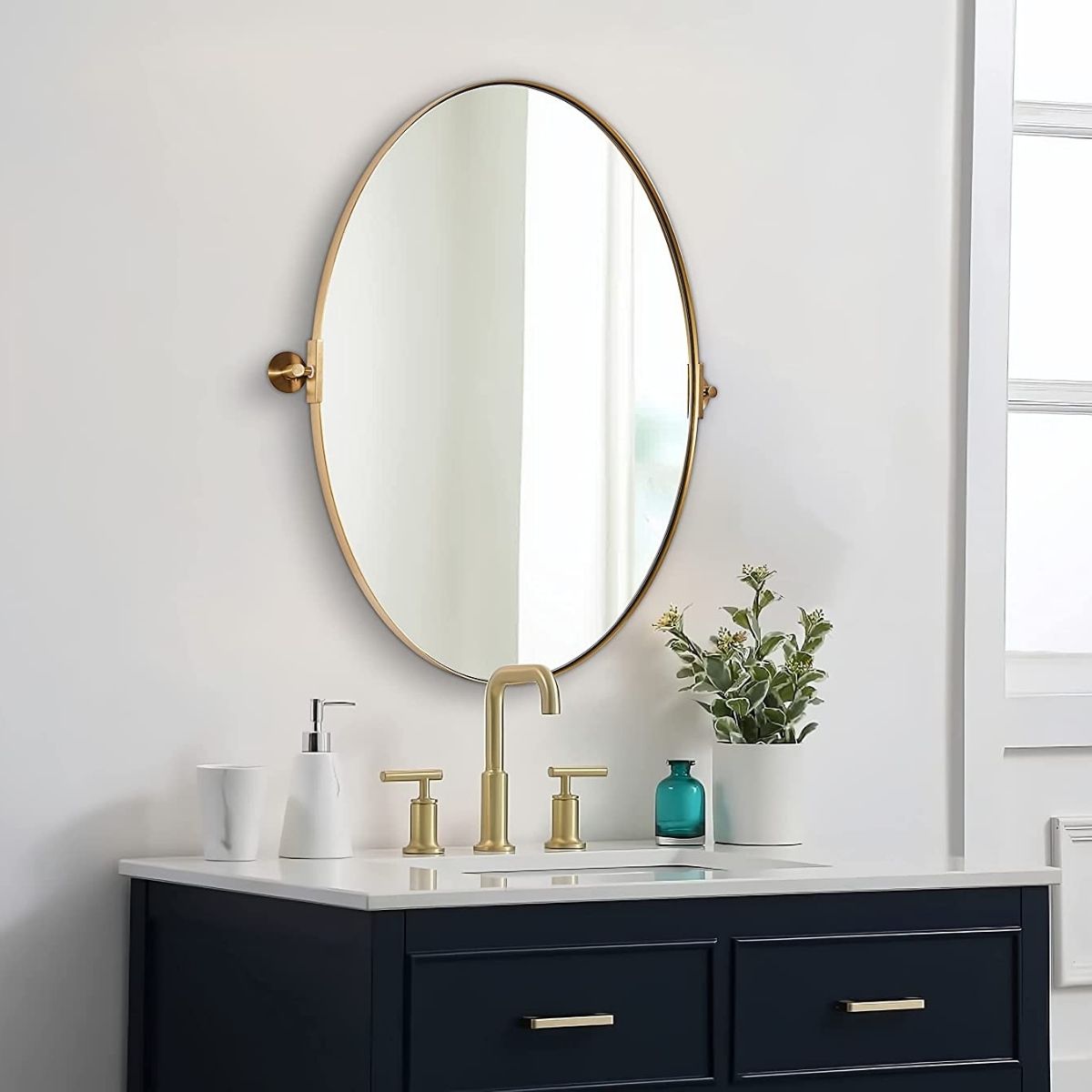 Oval Pivot Mirrors Adjustable Tilting Angle Floating Bathroom Mirror| Stainless Steel Framed