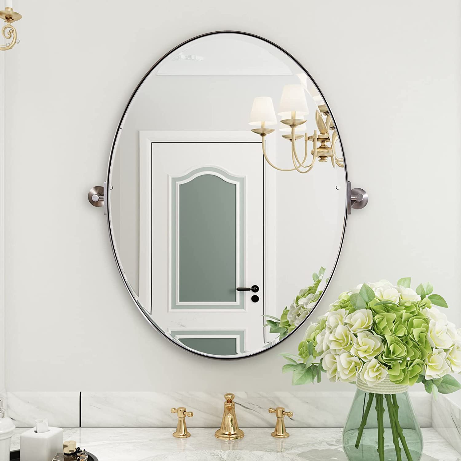 Oval Pivot Mirrors Adjustable Tilting Angle Floating Bathroom Mirror| Stainless Steel Framed