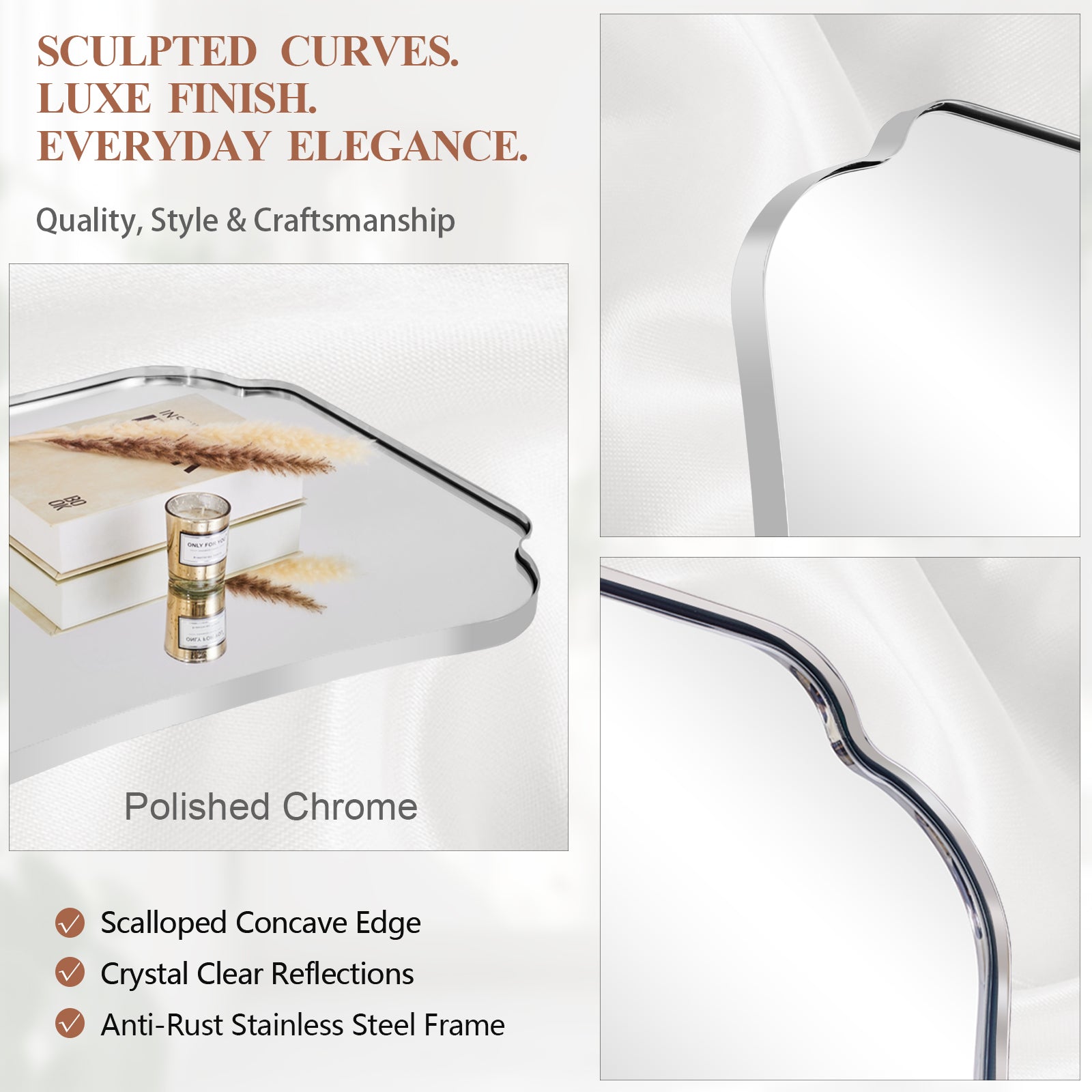 Contemporary Concave Edge Scalloped Bathroom Mirror Decorative | Stainless Steel Frame