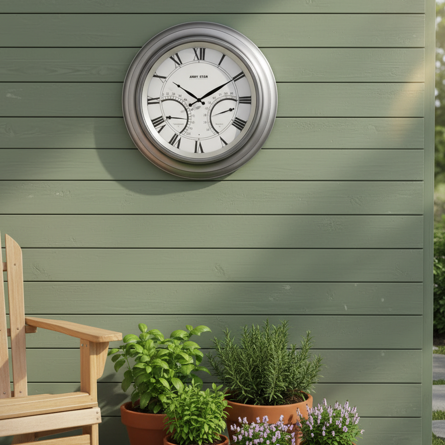 银色挂钟彩色木板墙patio