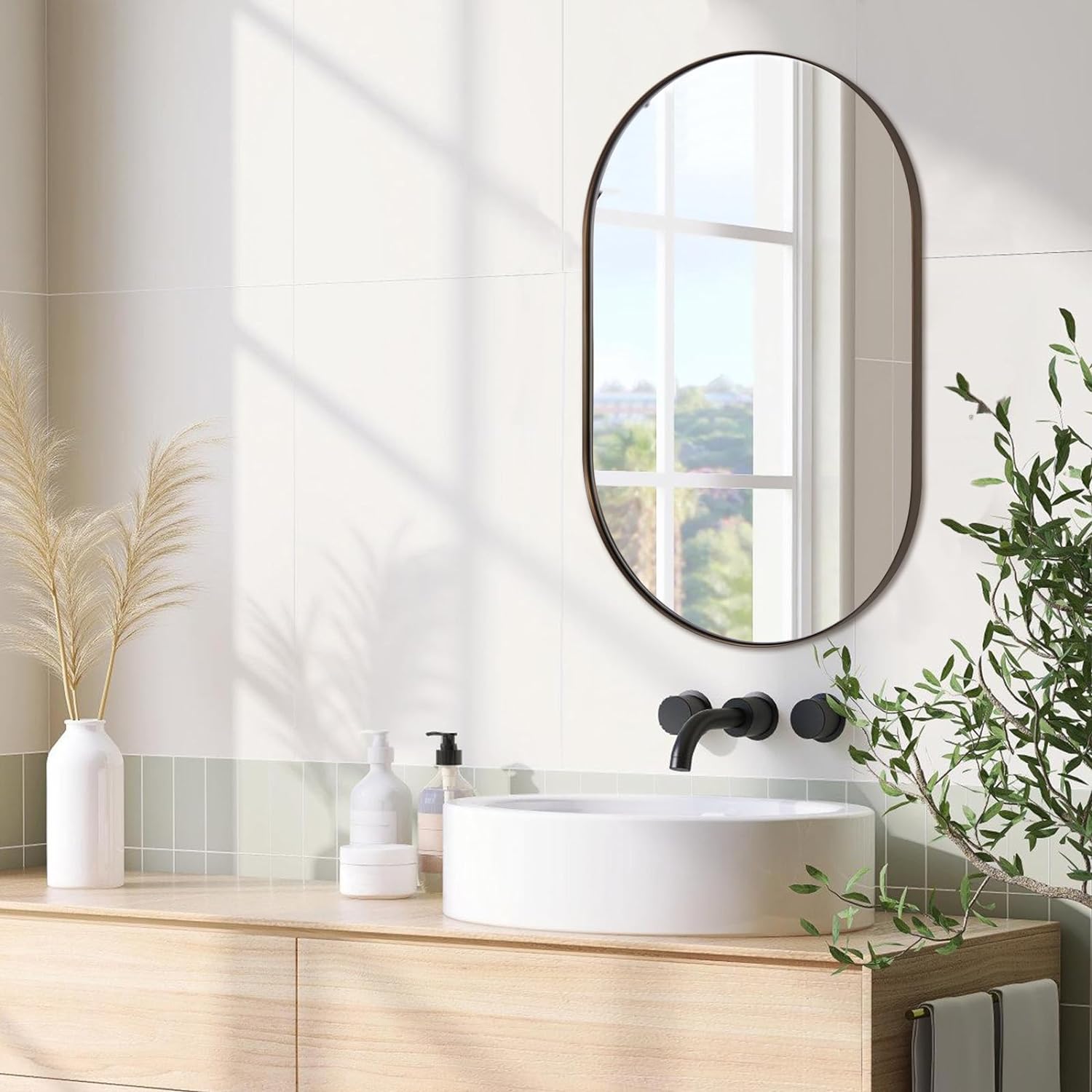 Modern Pill Shaped Capsule Wall Mirrors Long Oval Bathroom Vanity Mirror | Stainless Steel Frame