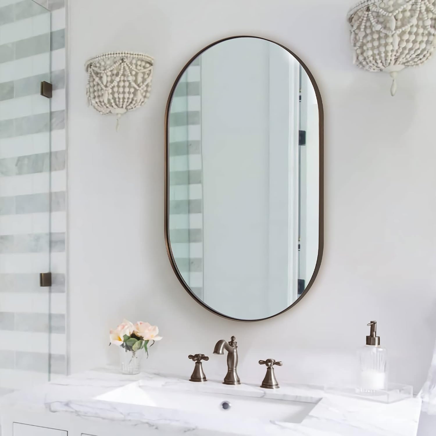 Modern Pill Shaped Capsule Wall Mirrors Long Oval Bathroom Vanity Mirror | Stainless Steel Frame