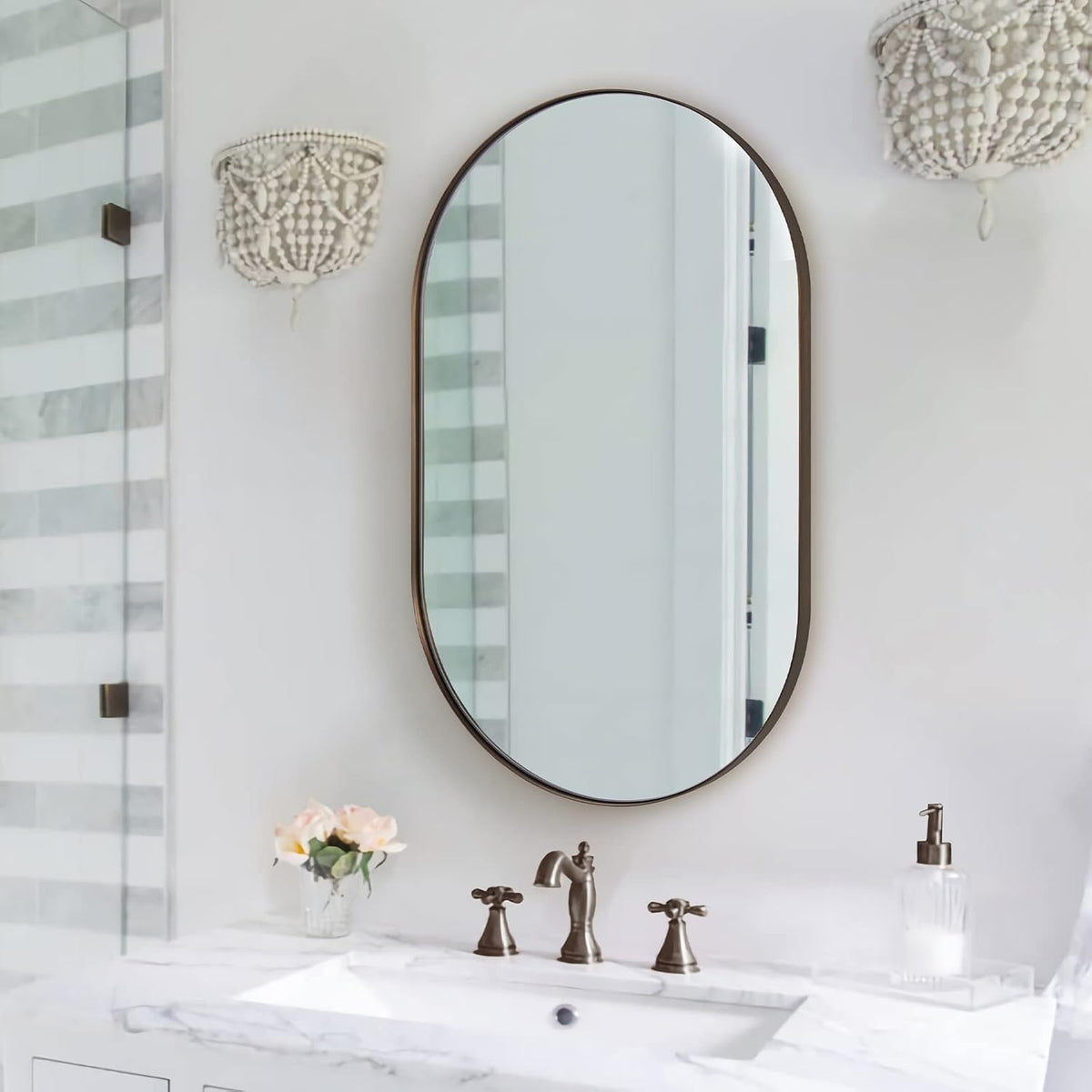 Modern Pill Shaped Capsule Wall Mirrors Long Oval Bathroom Vanity Mirror | Stainless Steel Frame