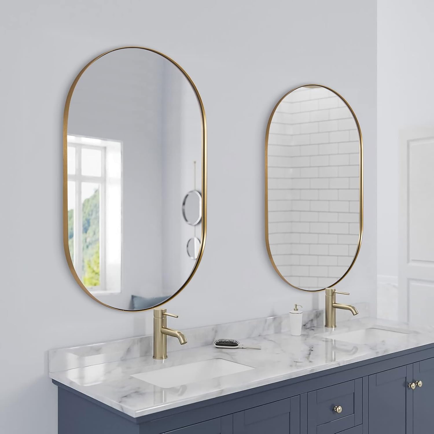 Modern Pill Shaped Capsule Wall Mirrors Long Oval Bathroom Vanity Mirror | Stainless Steel Frame