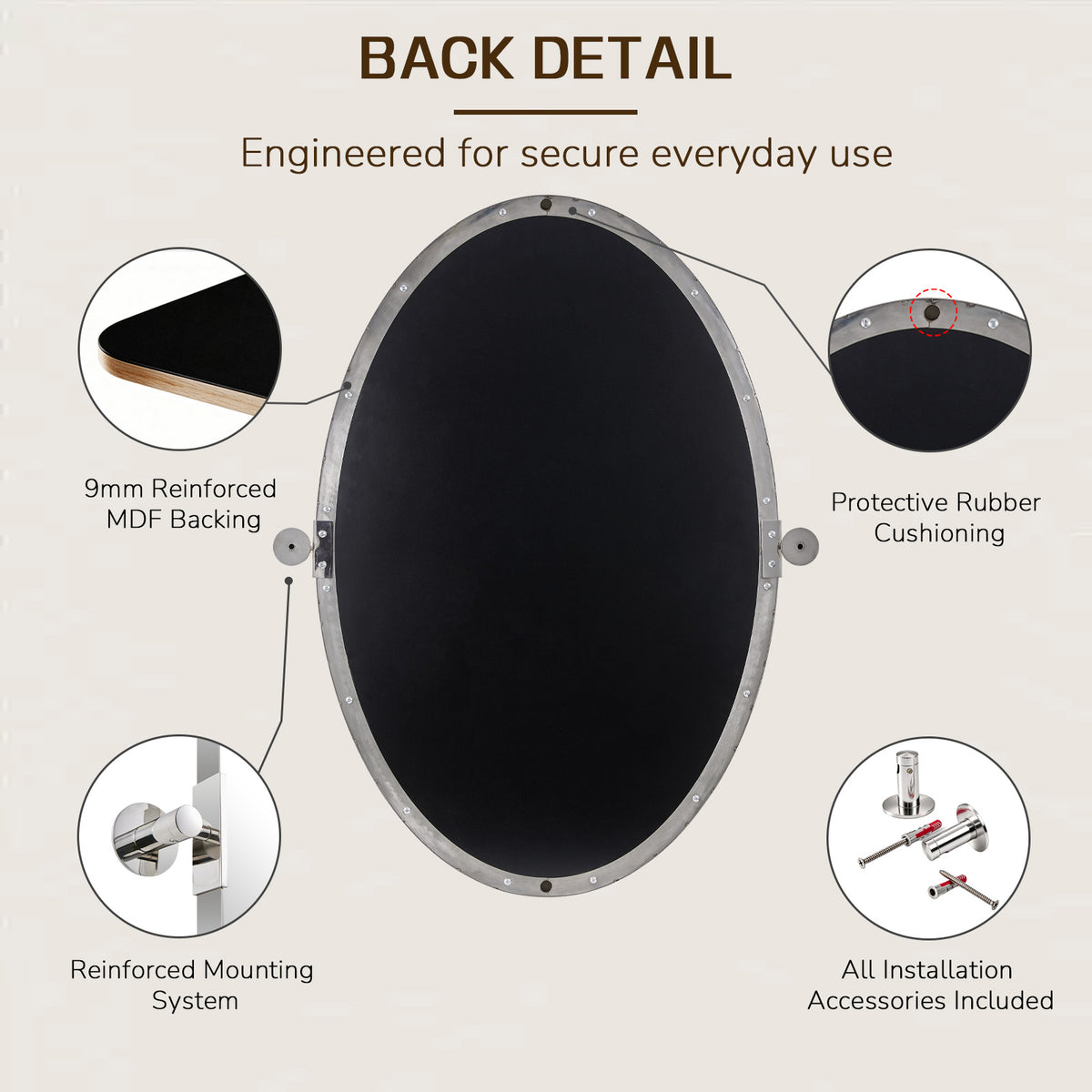Oval Pivot Mirrors Adjustable Tilting Angle Floating Bathroom Mirror| Stainless Steel Framed