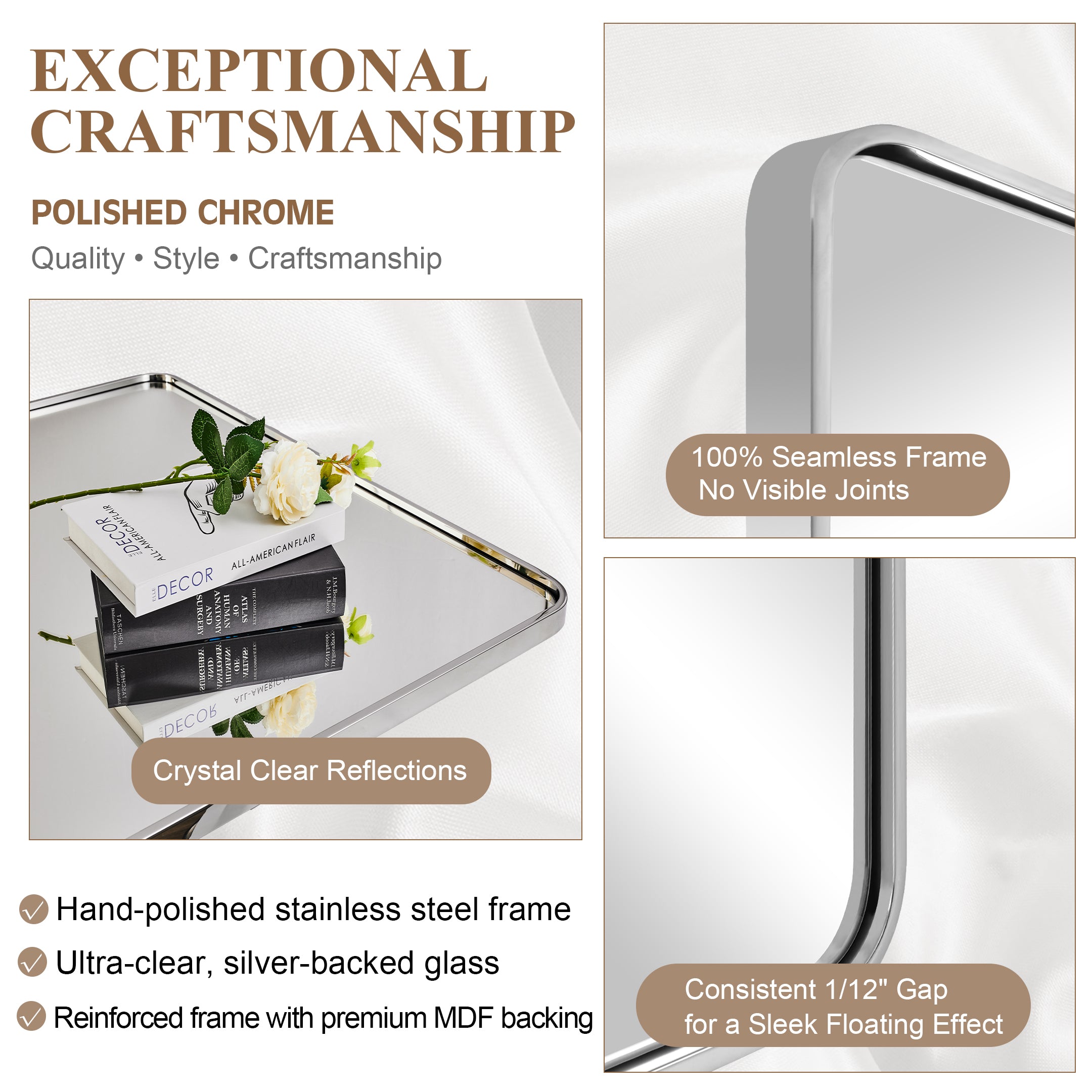 Modern Bold Stainless Steel Framed Rounded Rectangular Bathroom Wall Mirror