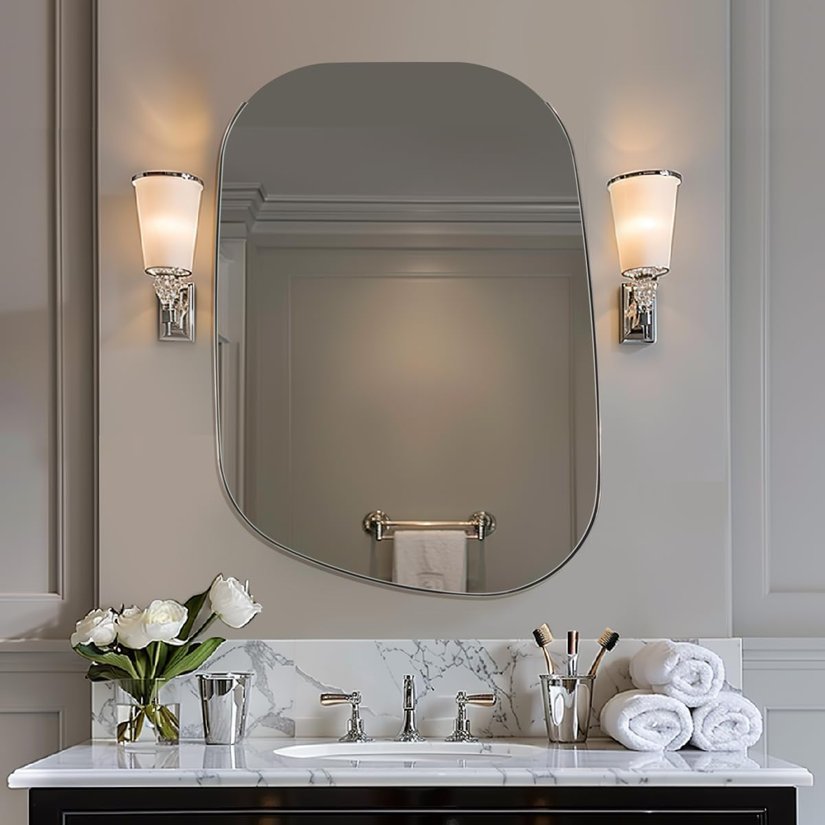 Asymmetrical Irregular Bathroom Wall Mirror | Stainless Steel Frame
