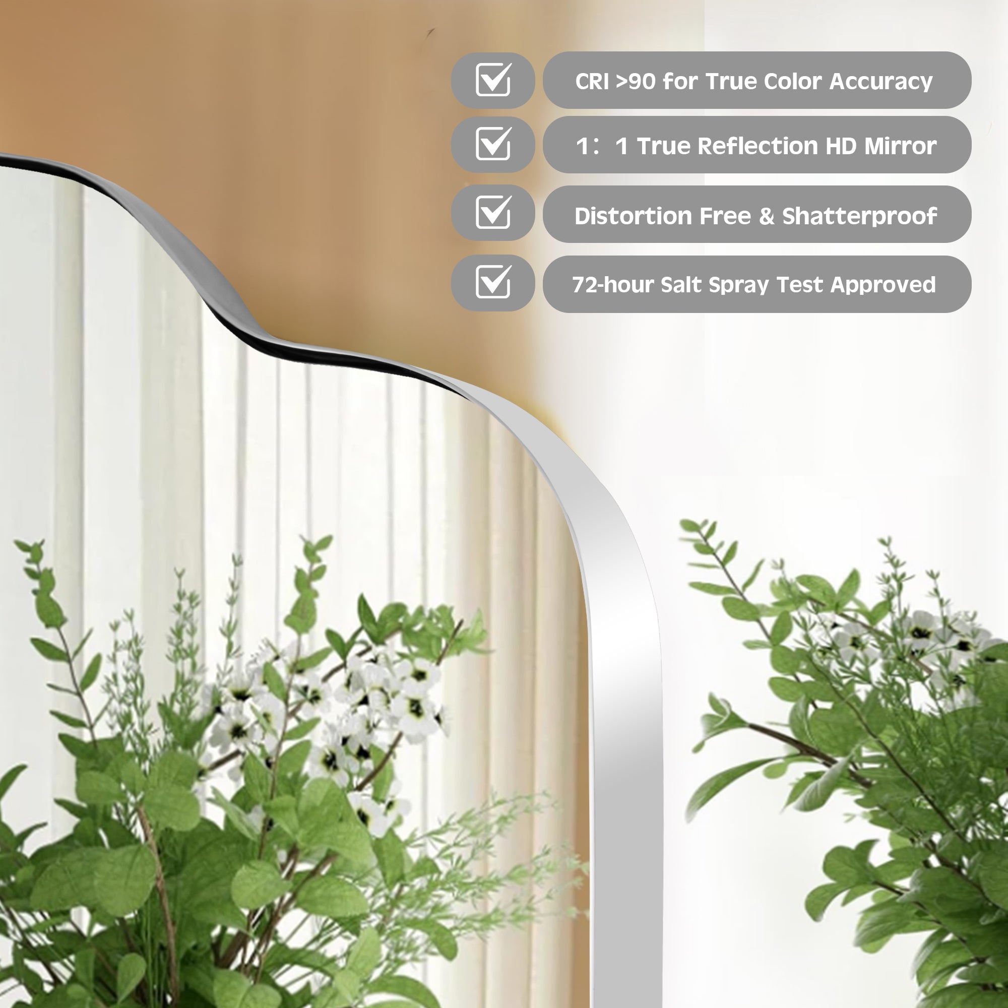 Contemporary Pill Shaped Long Oval Scalloped Bathroom Vanity Wall Mirror| Stainless Steel Framed