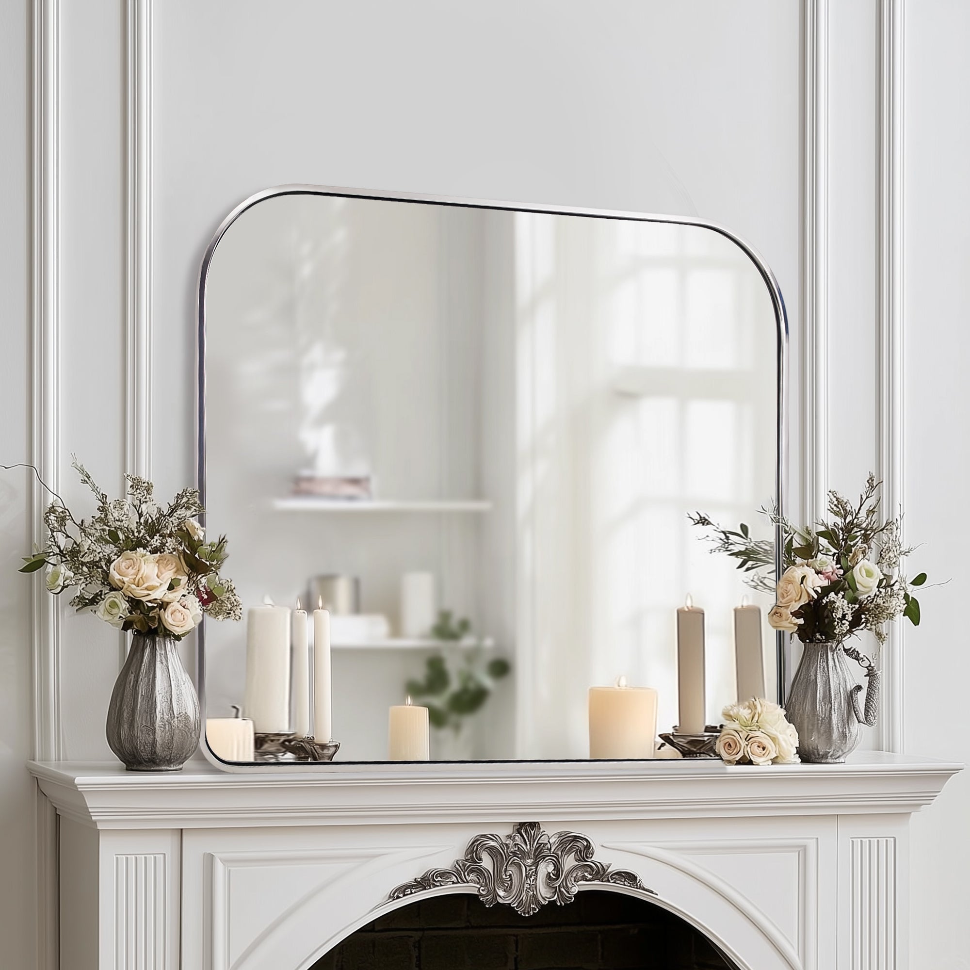 Anthropology Bold-Frame Wide Arch Mantel Mirror Bathroom Vanity Mirror ,Over the Fireplace | Stainless Steel Frame