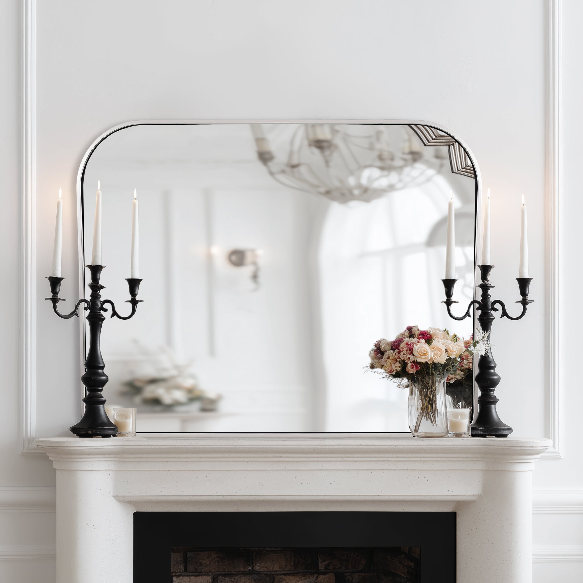 Anthropology Bold-Frame Wide Arch Mantel Mirror Bathroom Vanity Mirror ,Over the Fireplace | Stainless Steel Frame
