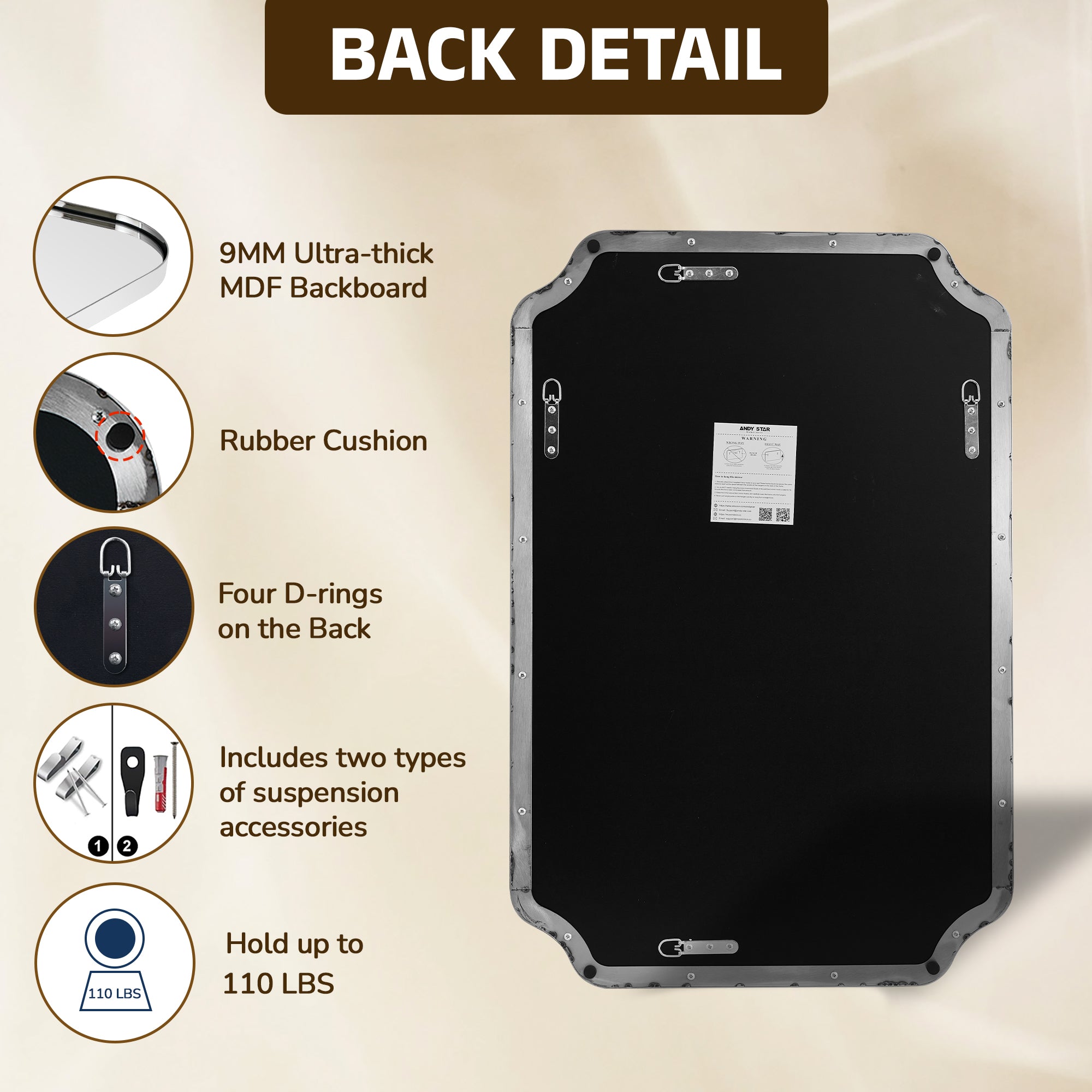 Contemporary Notched Corner Rectangle Scalloped Mirror for Wall /Bathroom | Stainless Steel Frame