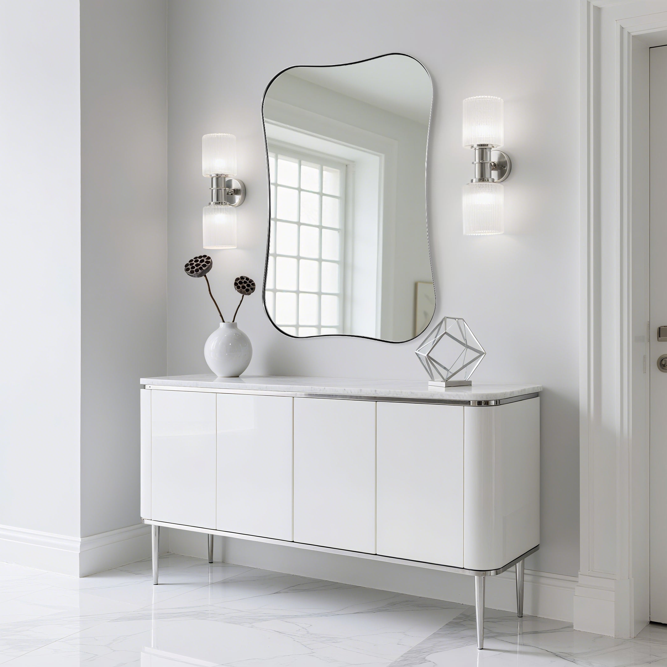 Contemporary Dual Concave Edge Rouded Scalloped Rectangle Wall Mirror | Stainless Steel Frame