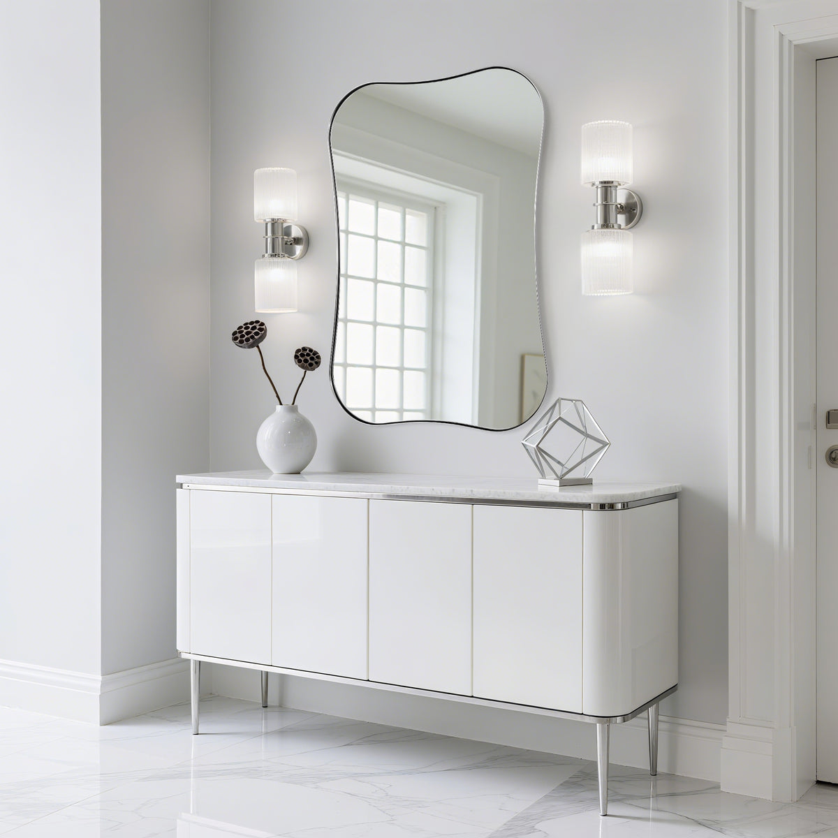 Contemporary Dual Concave Edge Rouded Scalloped Rectangle Wall Mirror | Stainless Steel Frame