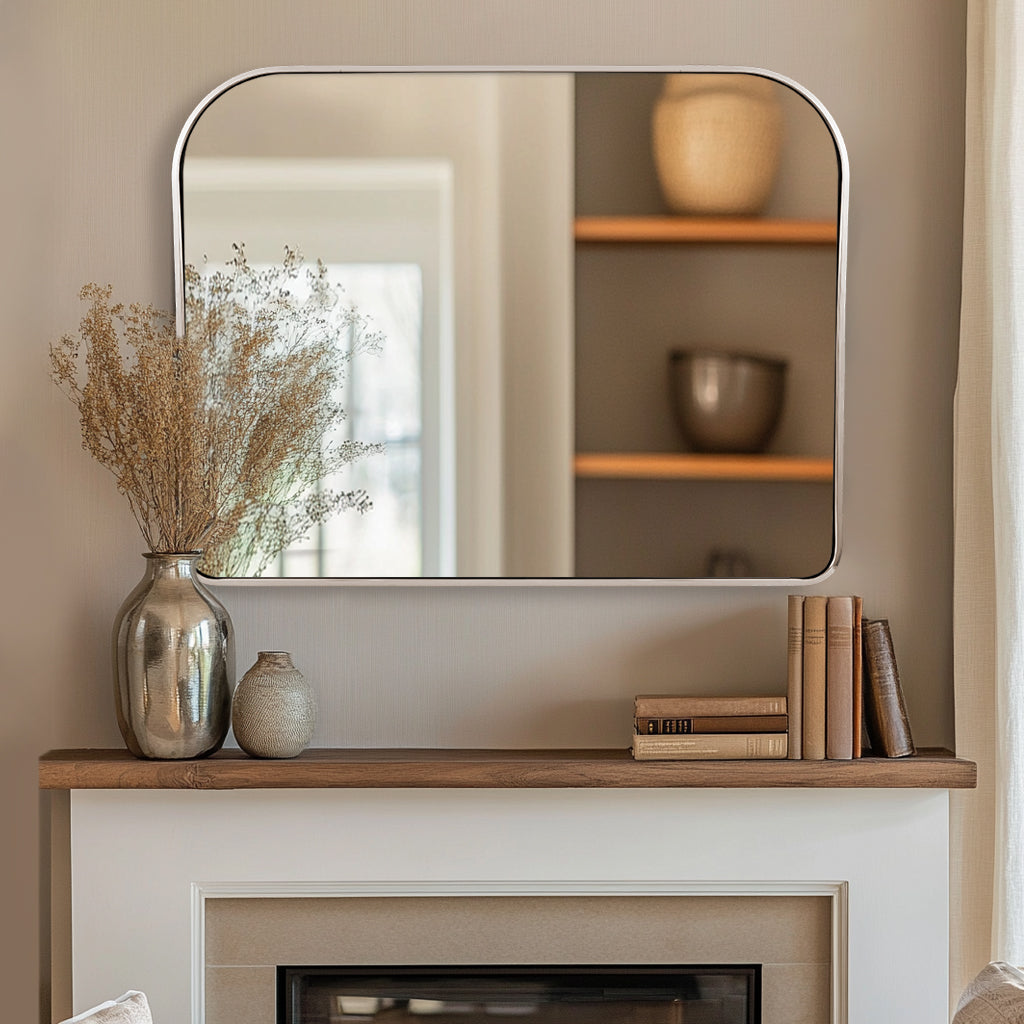 Anthropology Bold-Frame Wide Arch Mantel Mirror Bathroom Vanity Mirror ,Over the Fireplace | Stainless Steel Frame