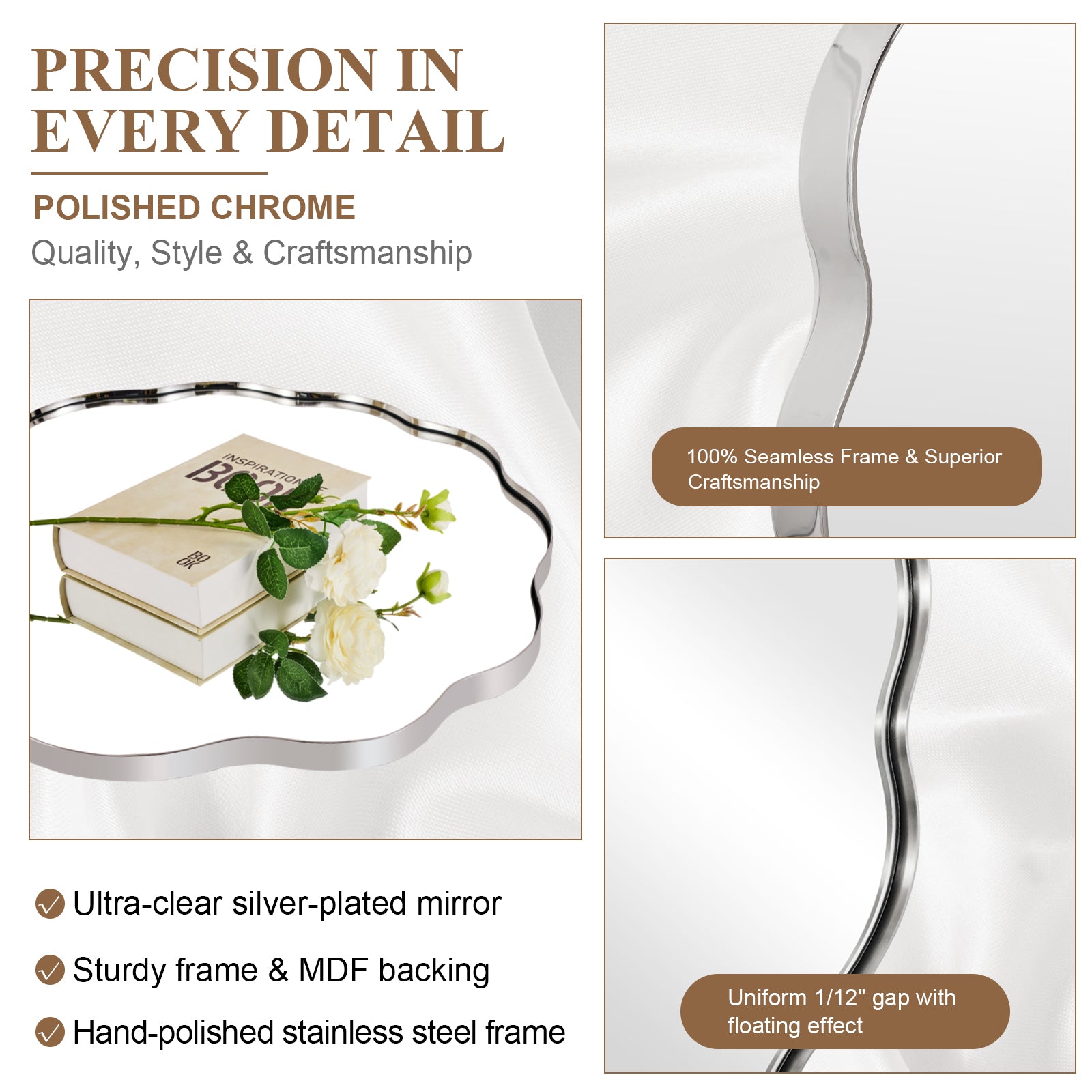 Contemporary Round Wavy Mirror Circle Scalloped Bathroom Vanity Mirror | Stainless Steel Frame