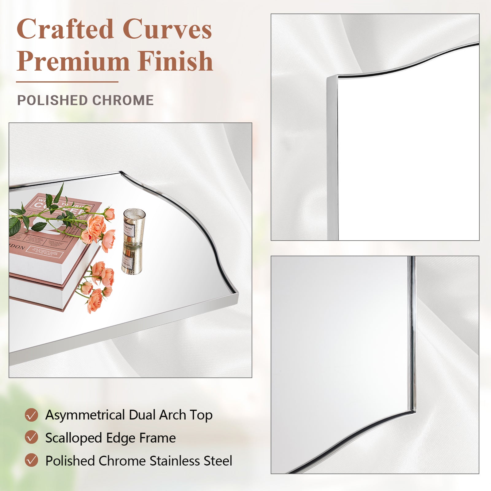 Dual Curve Arch Rectangular Scalloped Bathroom Wall Mirror |Stainless Steel Framed