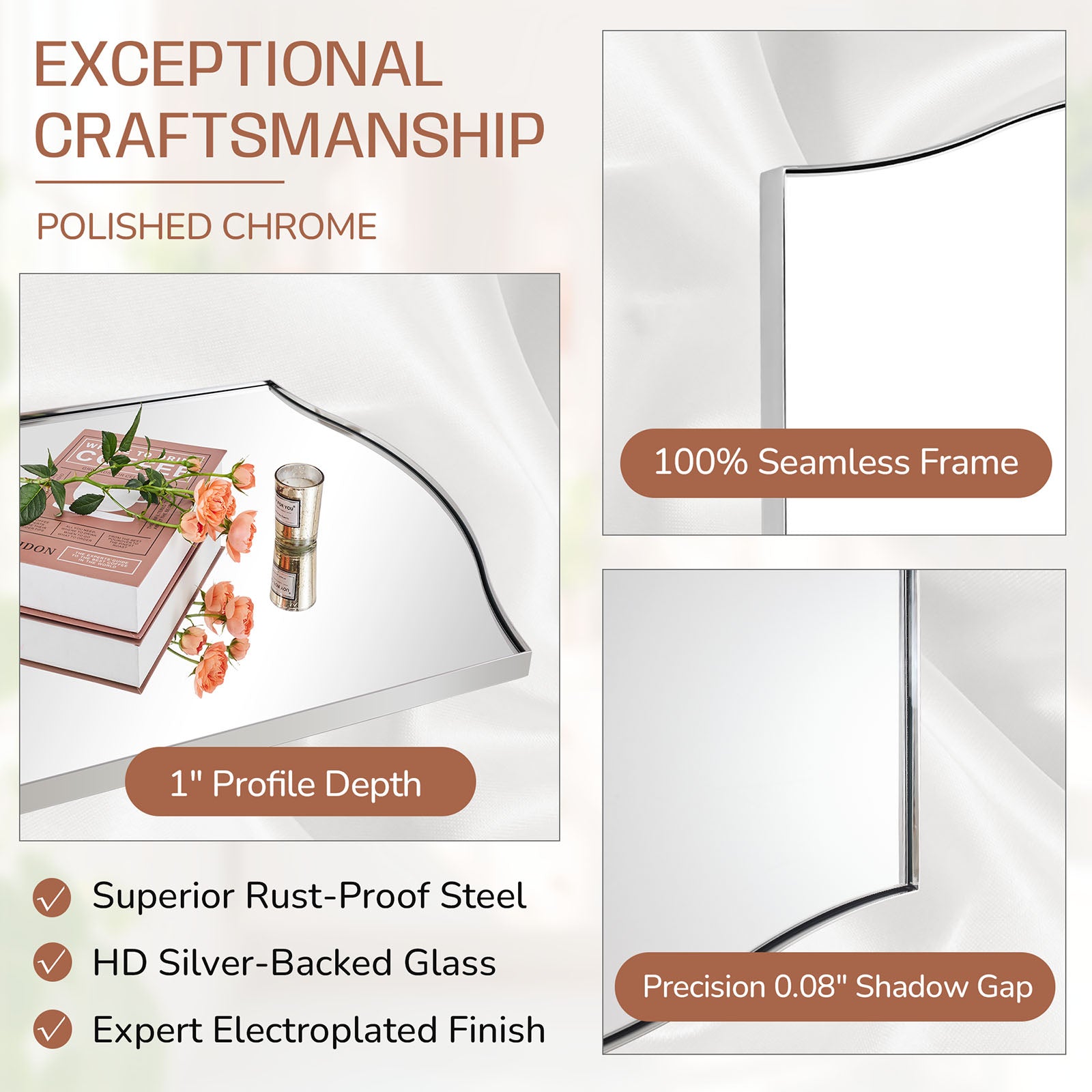 Dual Curve Arch Rectangular Scalloped Bathroom Wall Mirror |Stainless Steel Framed