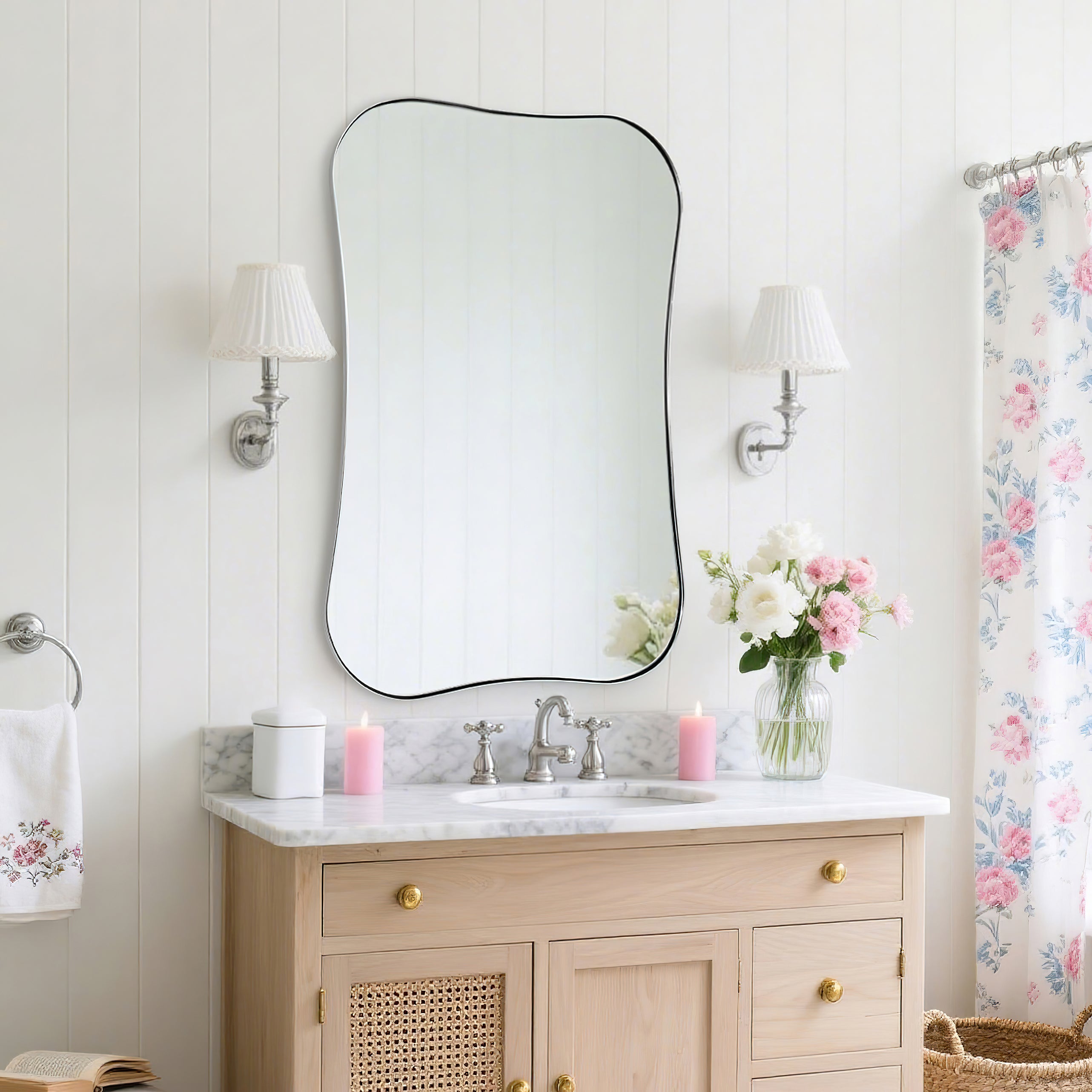 Contemporary Dual Concave Edge Rouded Scalloped Rectangle Wall Mirror | Stainless Steel Frame