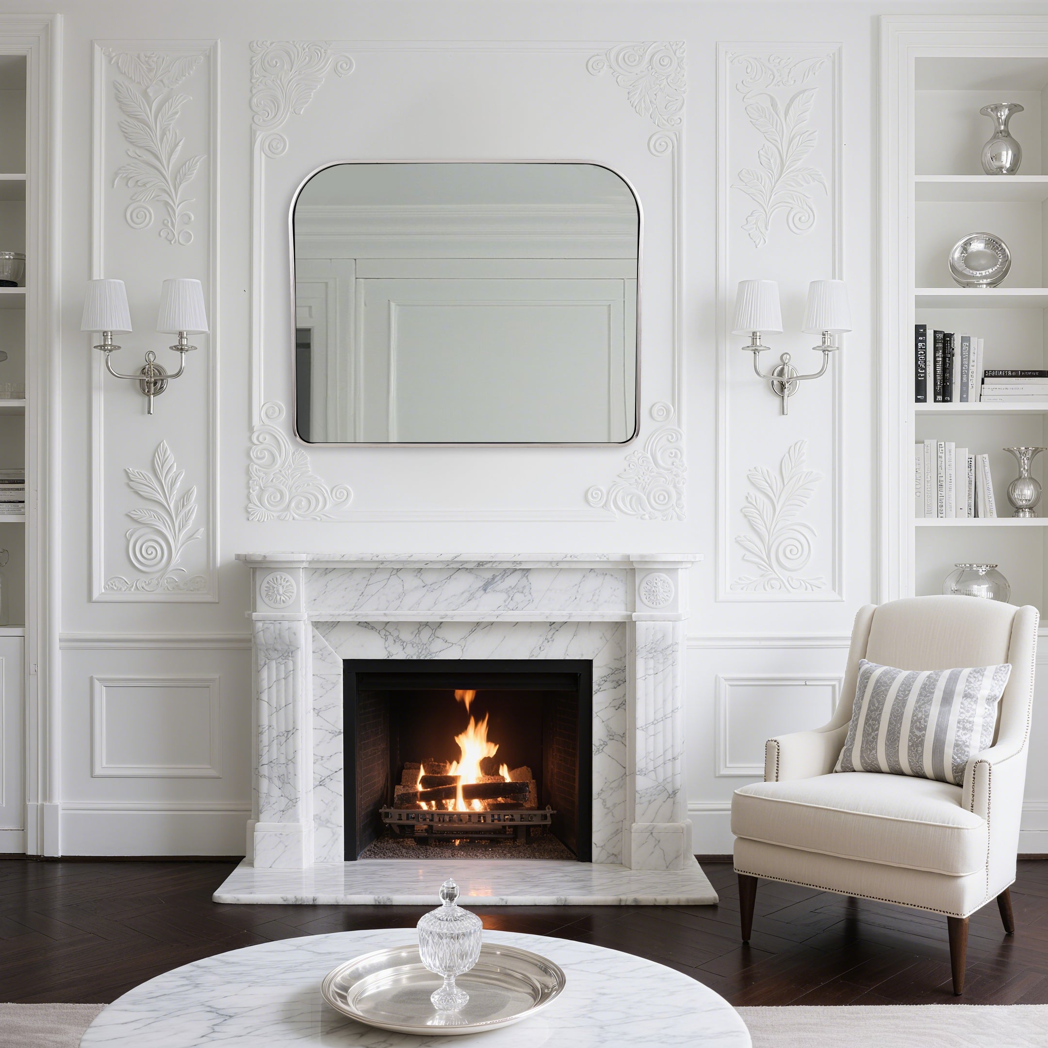 Anthropology Bold-Frame Wide Arch Mantel Mirror Bathroom Vanity Mirror ,Over the Fireplace | Stainless Steel Frame