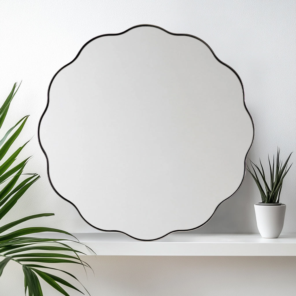 Contemporary Round Scalloped Mirror Wavy Circle Bathroom Vanity Mirror | Stainless Steel Frame