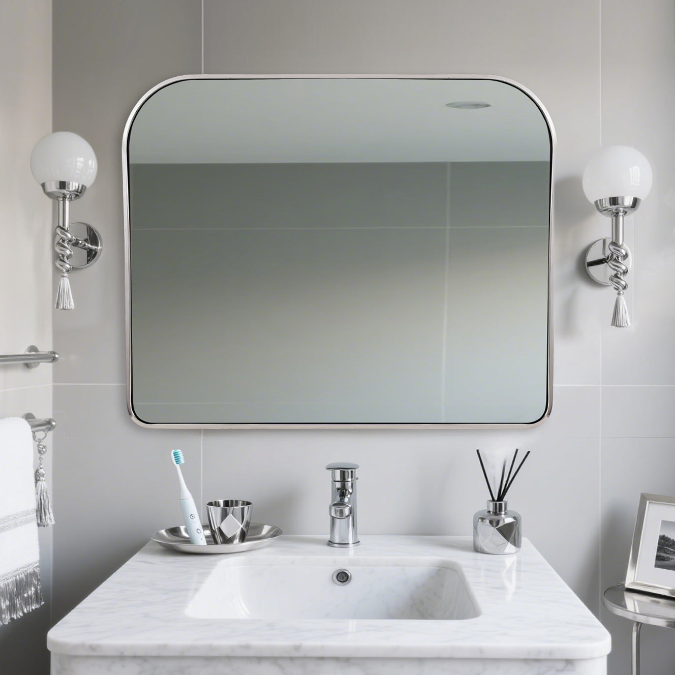 Anthropology Bold-Frame Wide Arch Mantel Mirror Bathroom Vanity Mirror ,Over the Fireplace | Stainless Steel Frame