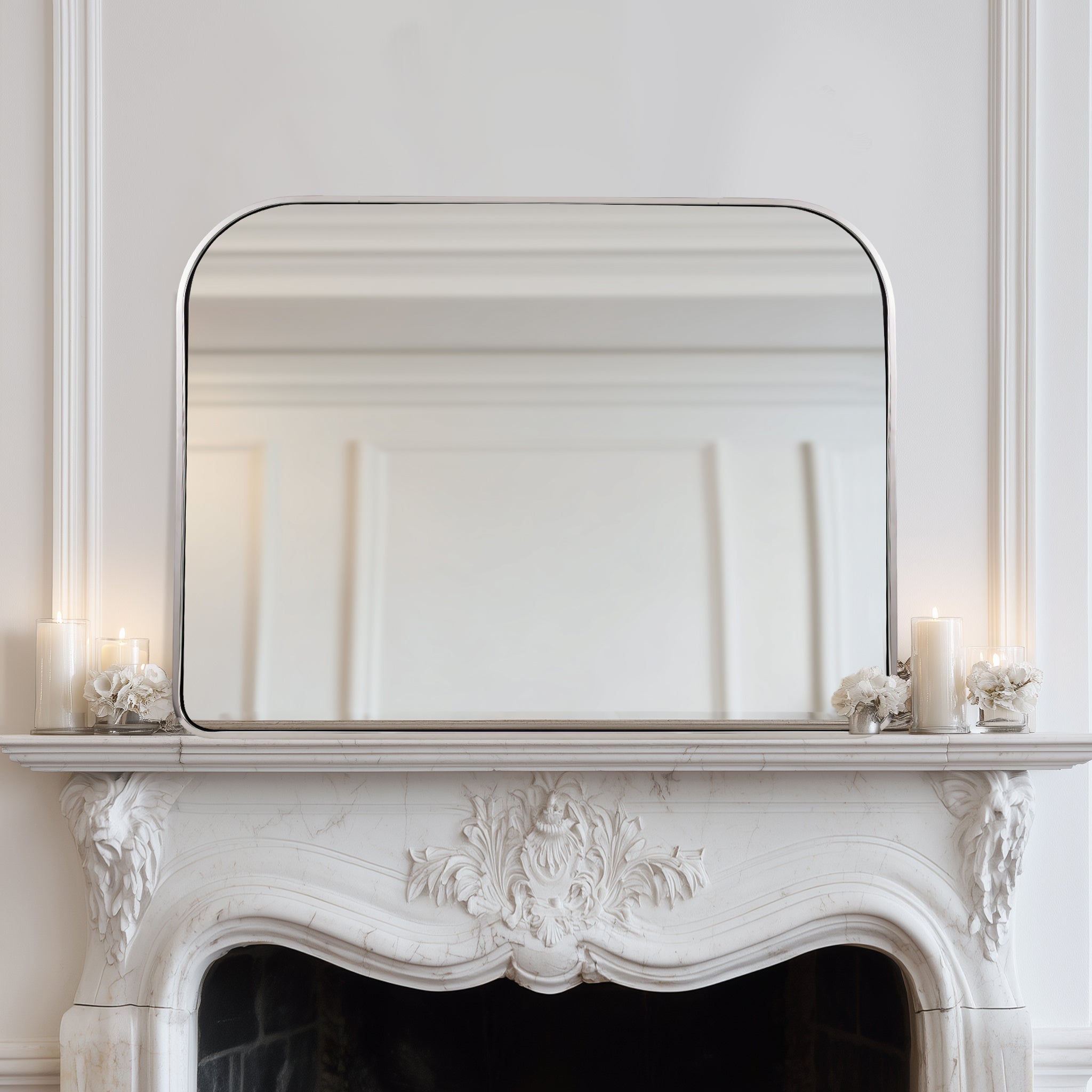 Anthropology Bold-Frame Wide Arch Mantel Mirror Bathroom Vanity Mirror ,Over the Fireplace | Stainless Steel Frame