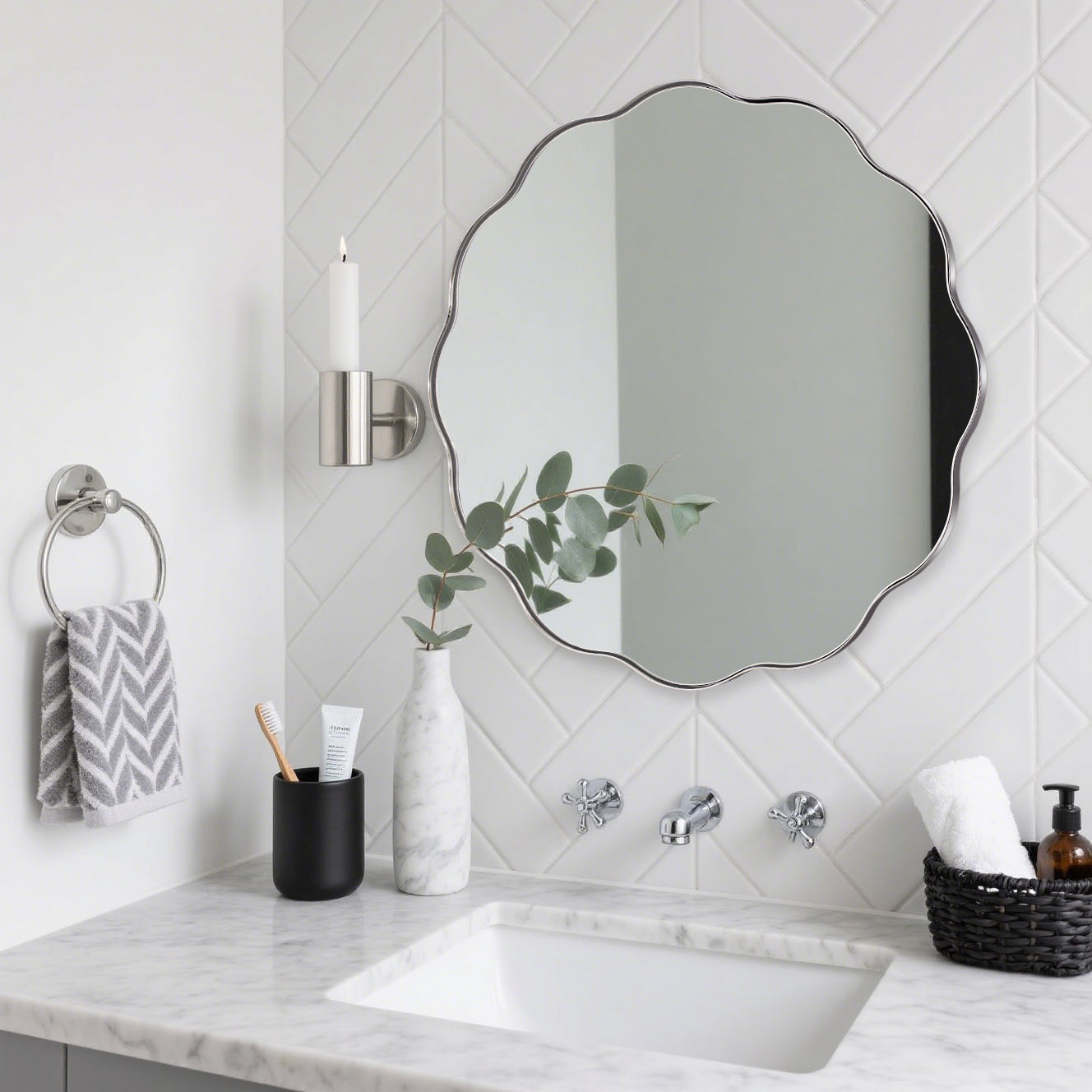 Contemporary Round Scalloped Mirror Wavy Circle Bathroom Vanity Mirror | Stainless Steel Frame