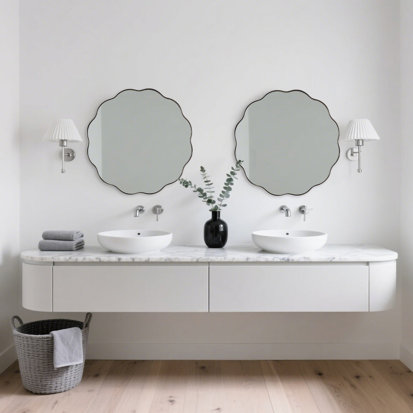 Contemporary Round Scalloped Mirror Wavy Circle Bathroom Vanity Mirror | Stainless Steel Frame