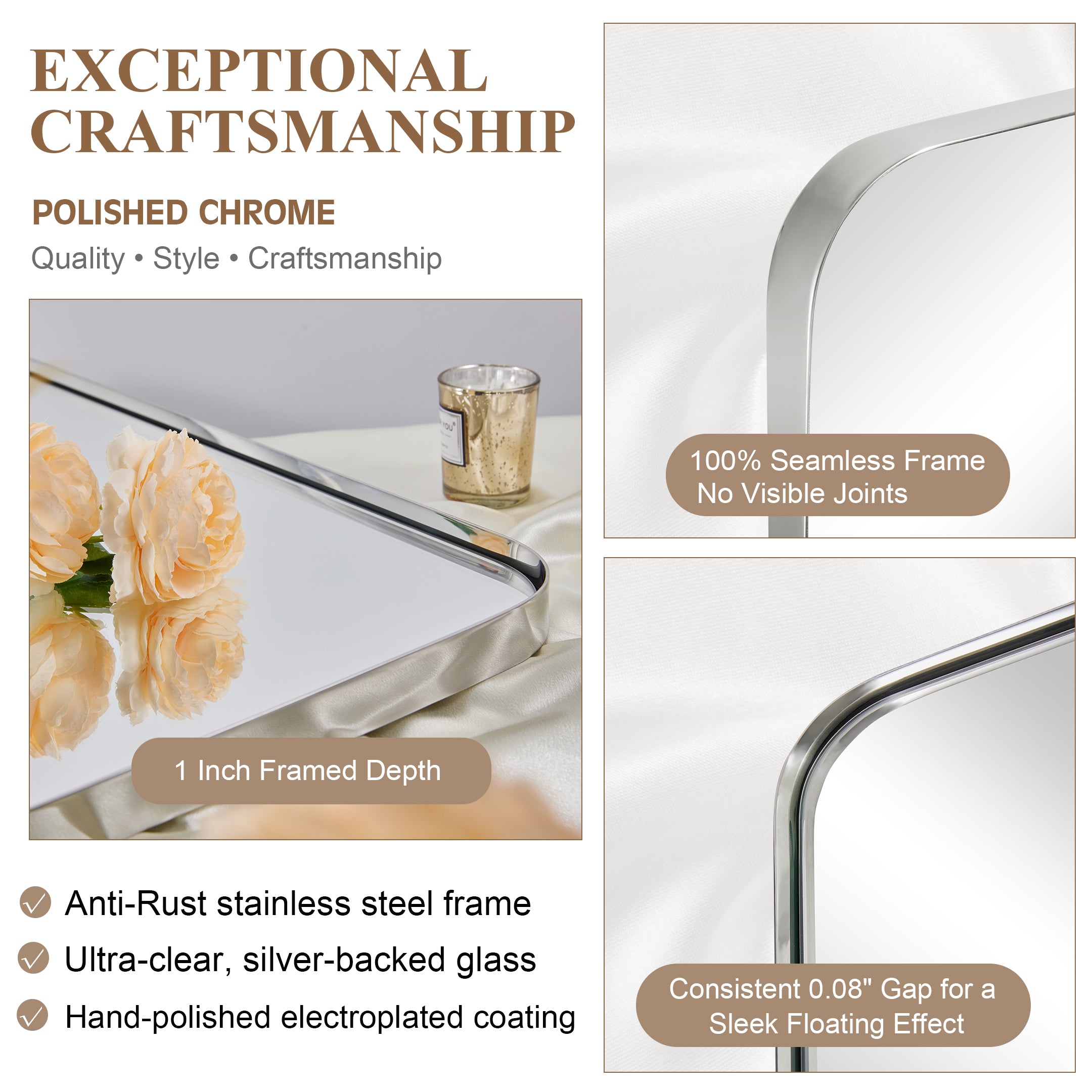 Modern Rounded Rectangle Mirror for Bathroom/ Vanity/ Wall | Stainless Steel Frame