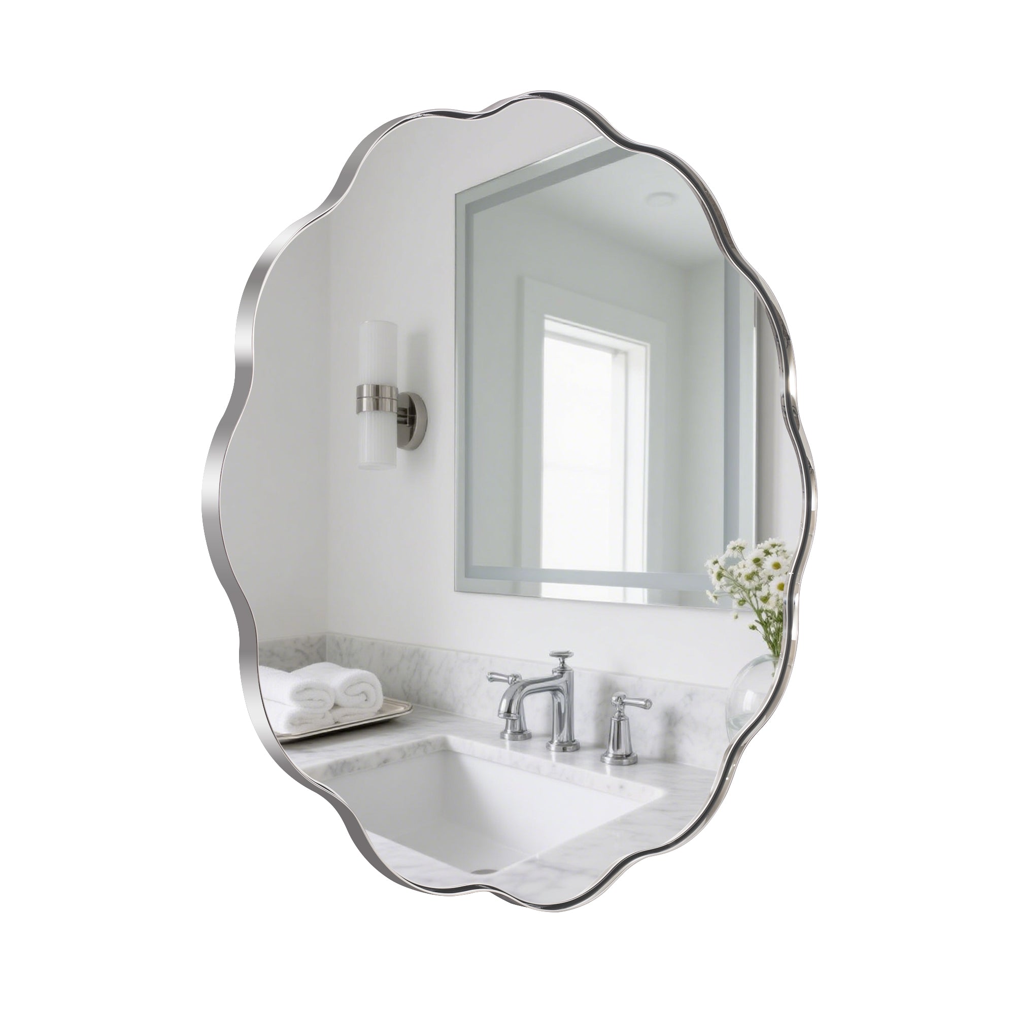 Contemporary Round Scalloped Mirror Wavy Circle Bathroom Vanity Mirror | Stainless Steel Frame