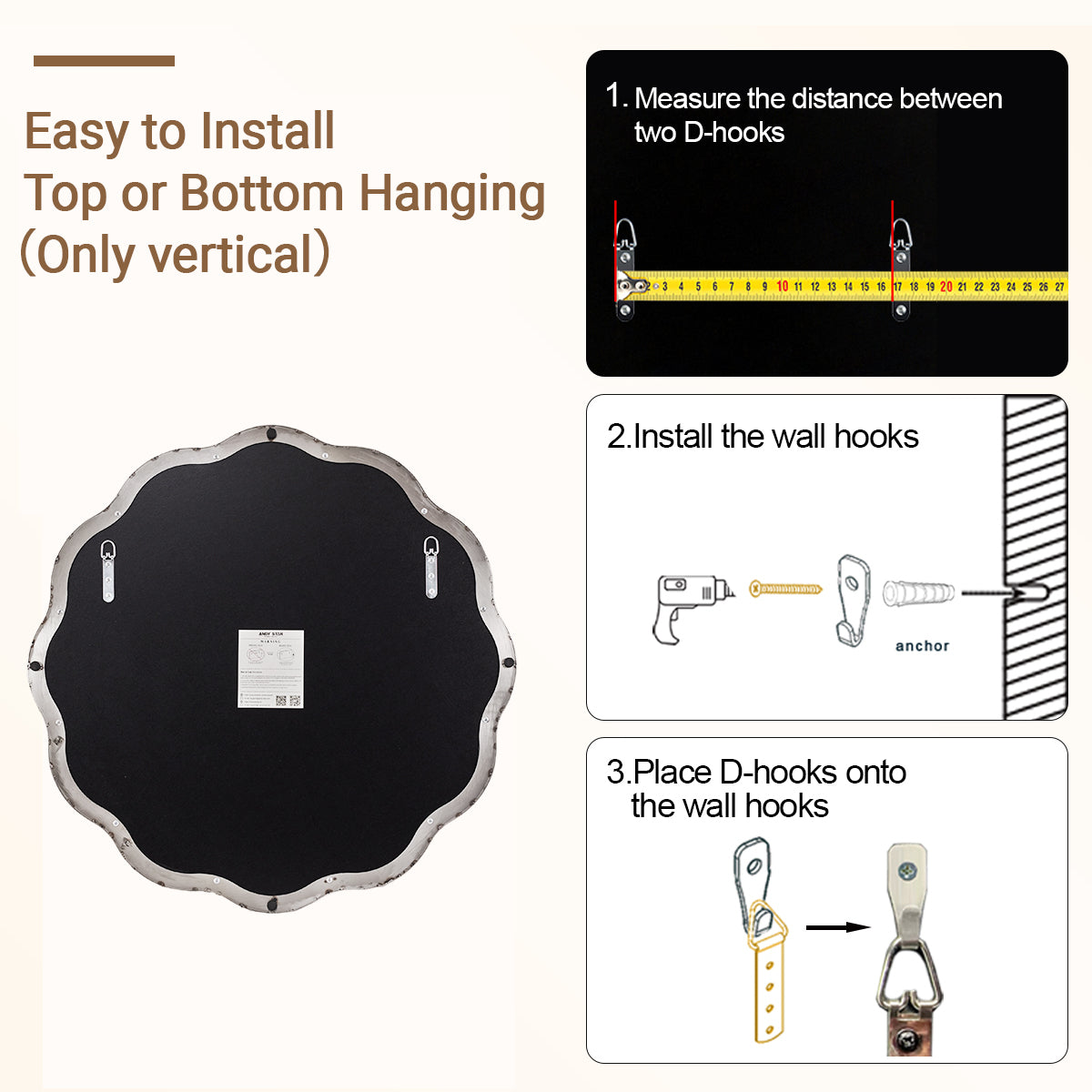 Contemporary Round Scalloped Mirror Wavy Circle Bathroom Vanity Mirror | Stainless Steel Frame