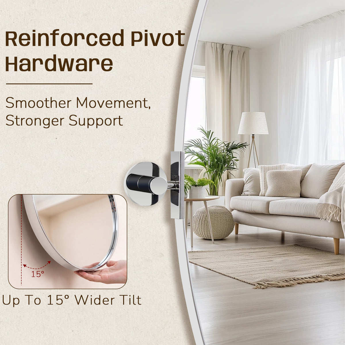 Oval Pivot Mirrors Adjustable Tilting Angle Floating Bathroom Mirror| Stainless Steel Framed