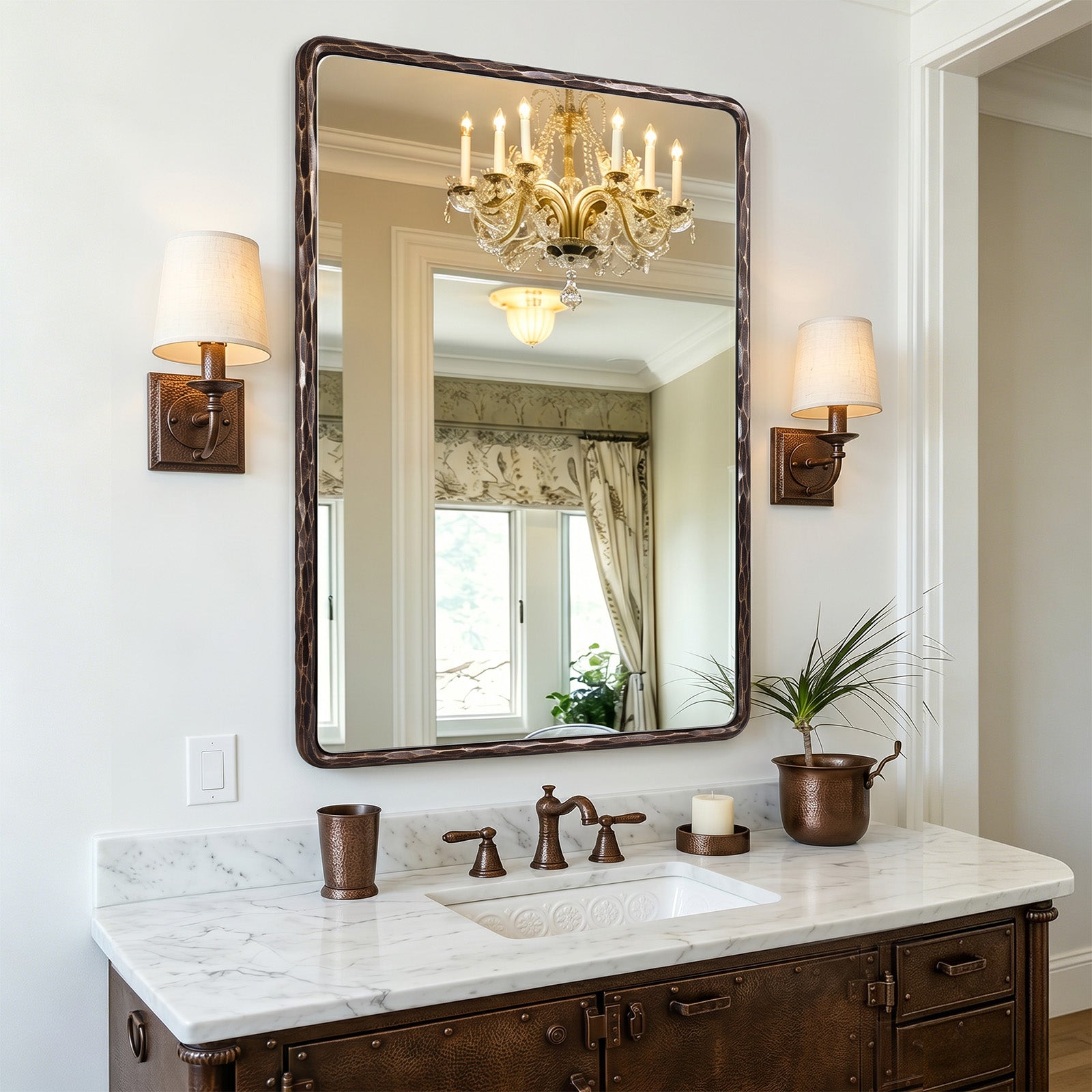 Antique Hand Hammer Frame Forged Iron Rectangle Wall Mirrors Wrought Iron Mirror