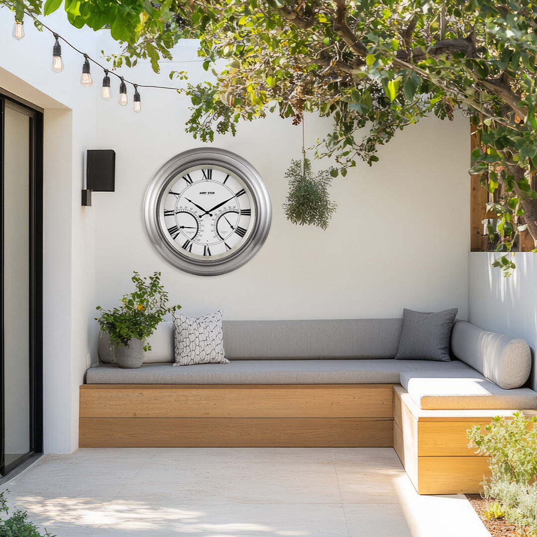 Contemporary Large Outdoor Wall Clock with Thermometer Waterproof Illuminated,24 Inch