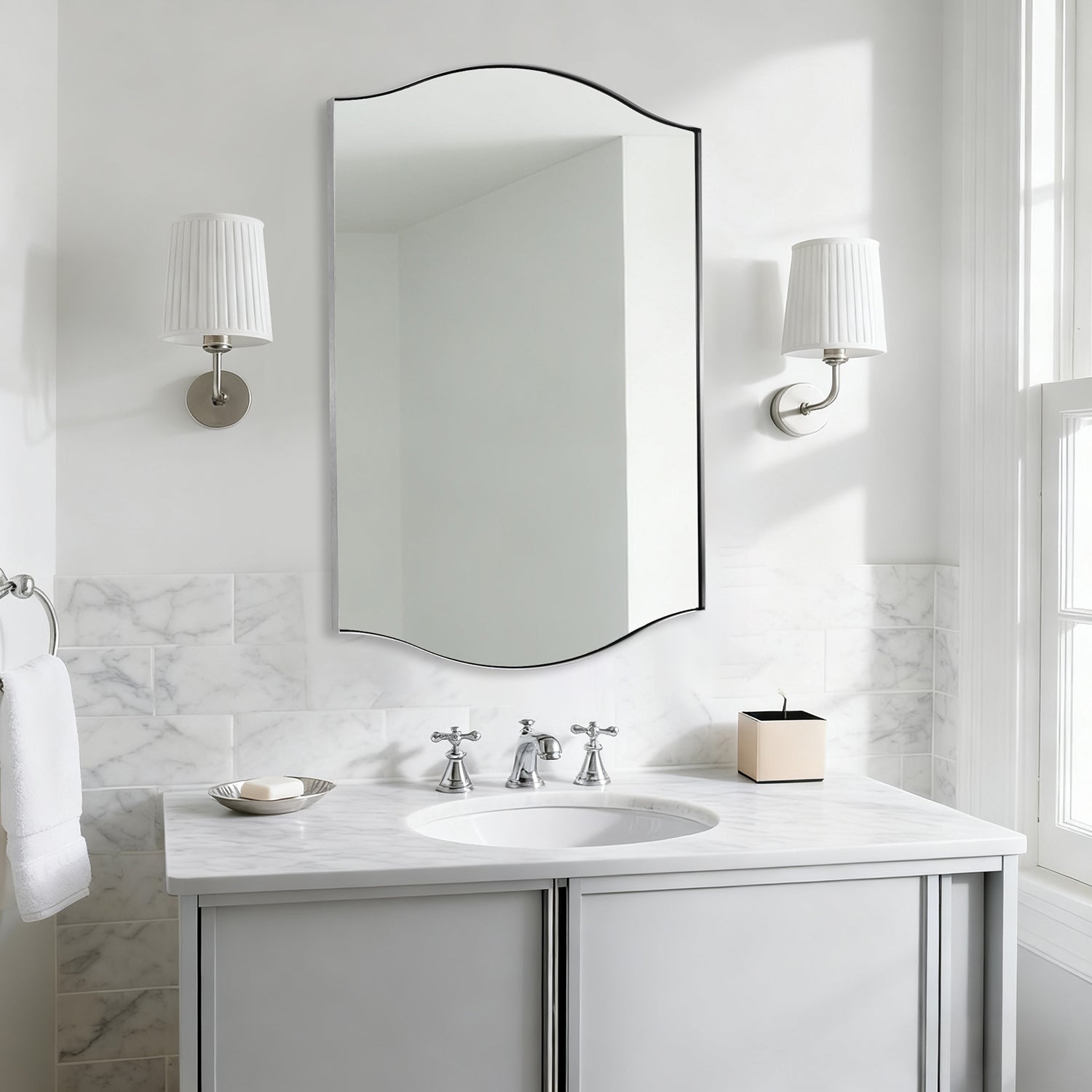 Dual Curve Arch Rectangular Scalloped Bathroom Wall Mirror |Stainless Steel Framed