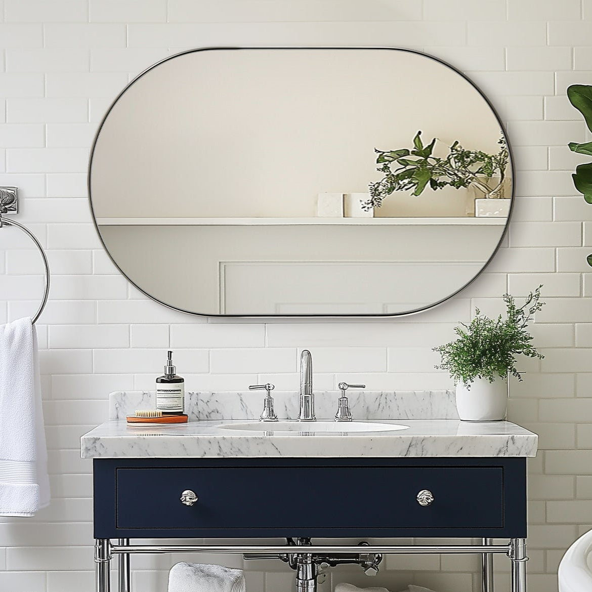 Modern Pill Shaped Capsule Wall Mirrors Long Oval Bathroom Vanity Mirror | Stainless Steel Frame